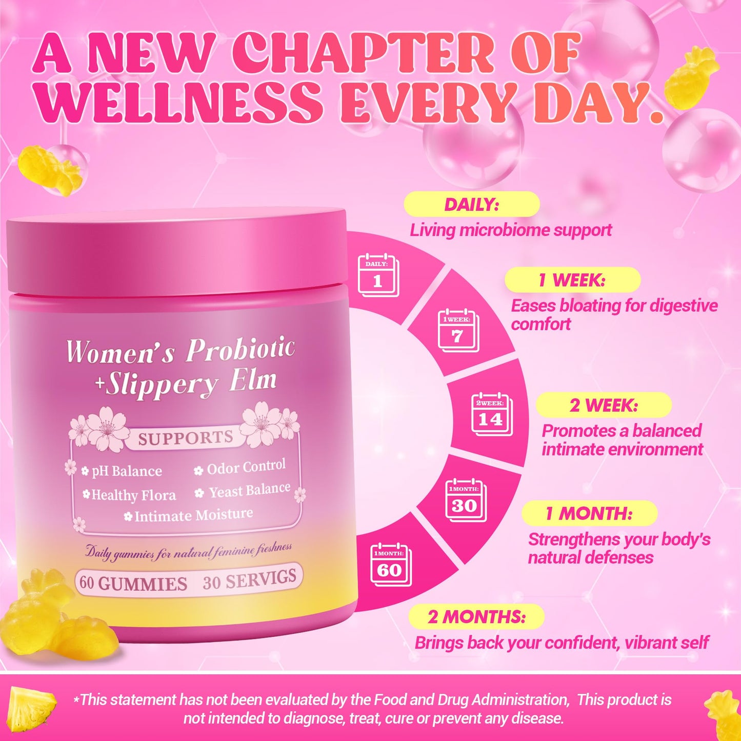 BOSNETHUINH Her Juicy Feminine Probiotics Gummies with Slippery Elm Supports pH Balance Gut Health & Immune System Promote Vaginal Health for Women 120 Gummies