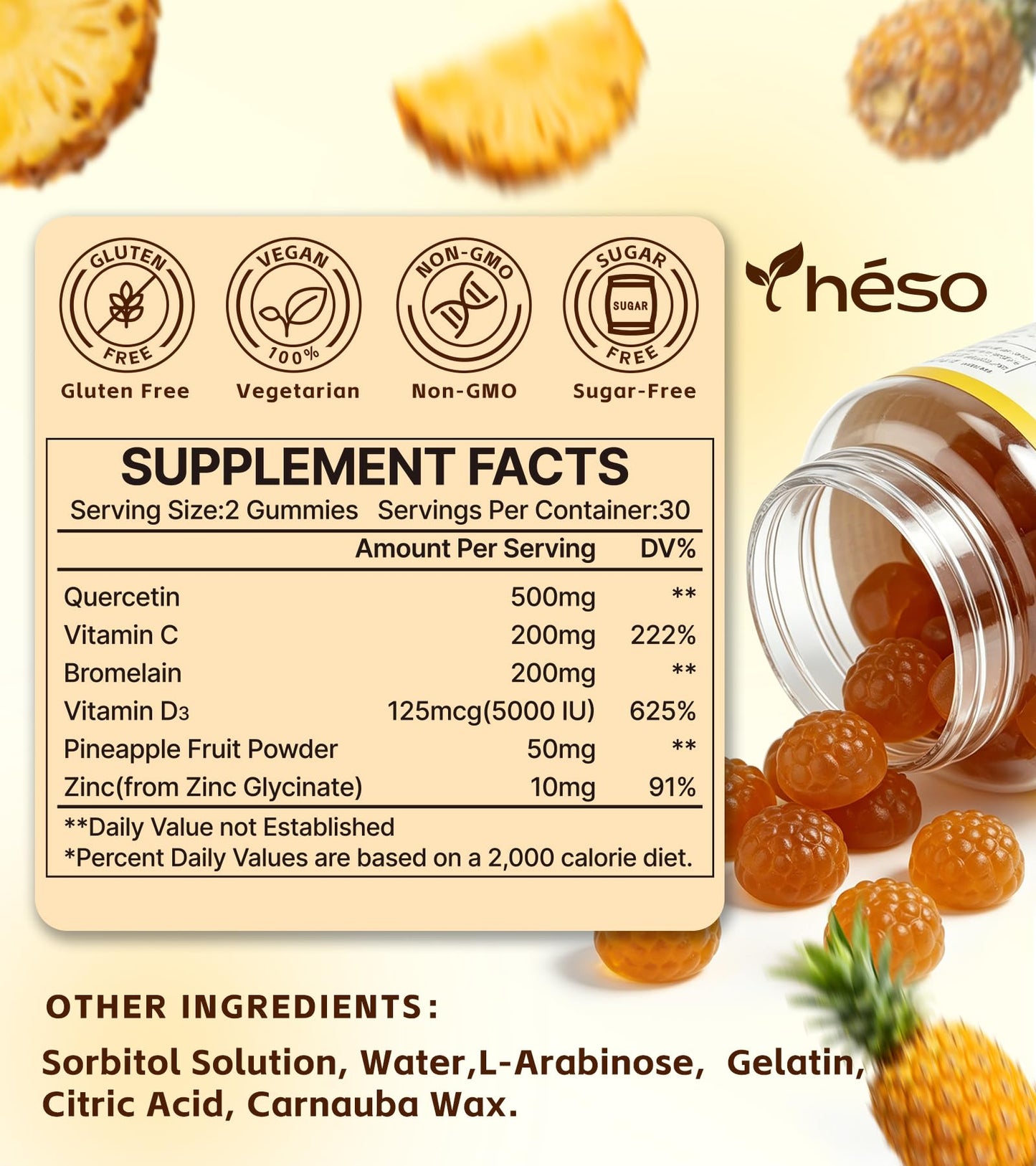 Yheso Quercetin 500mg with Bromelain, Vitamin C, D3 & Zinc – Sugar Free Immune Support – Antioxidant Complex with Pineapple Enzyme, 60 Gummies