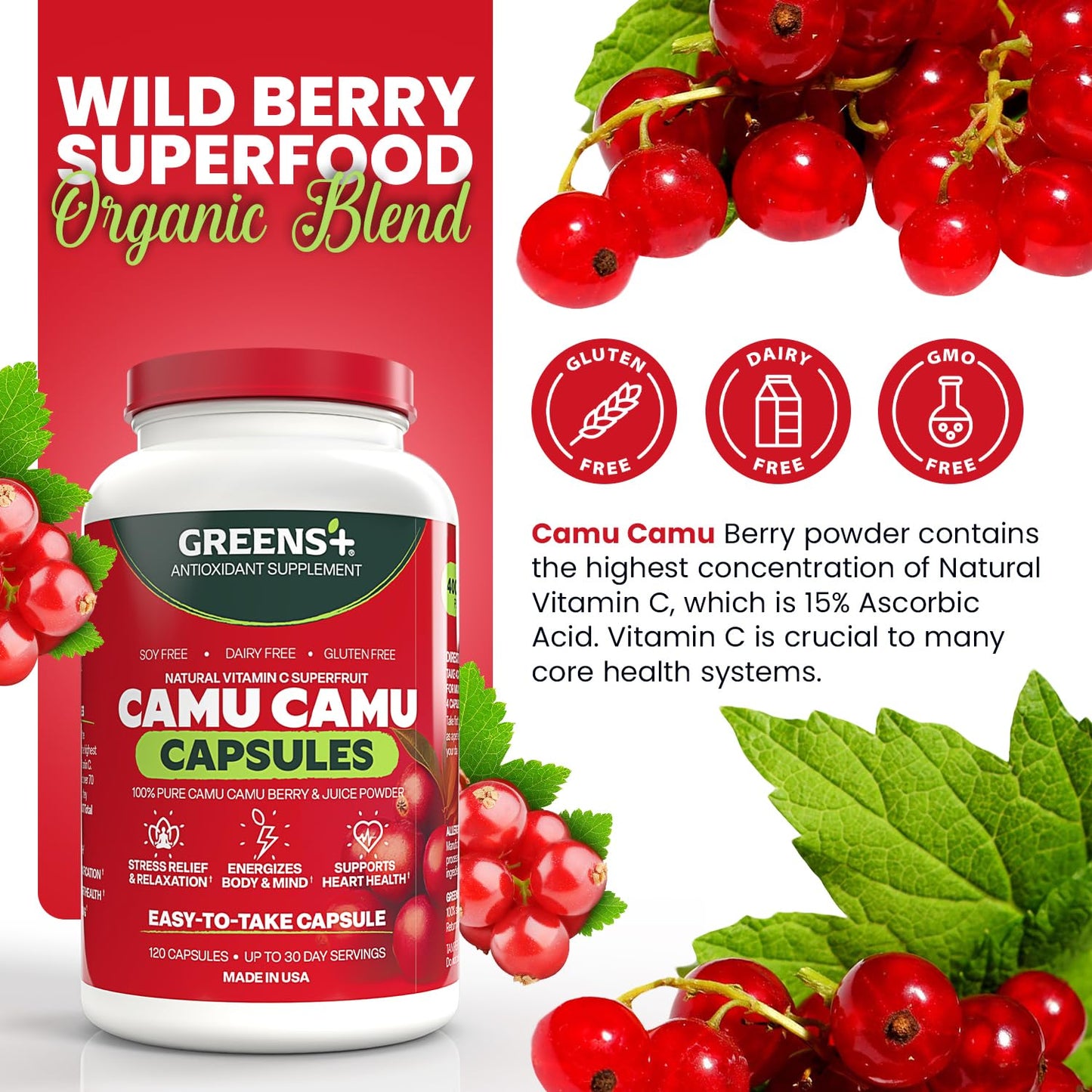 Greens+ SuperFruit Supplement with Camu Berry, Vitamins & Minerals, High ORAC Antioxidants, 400mg Natural Vitamin C, 120 Capsules