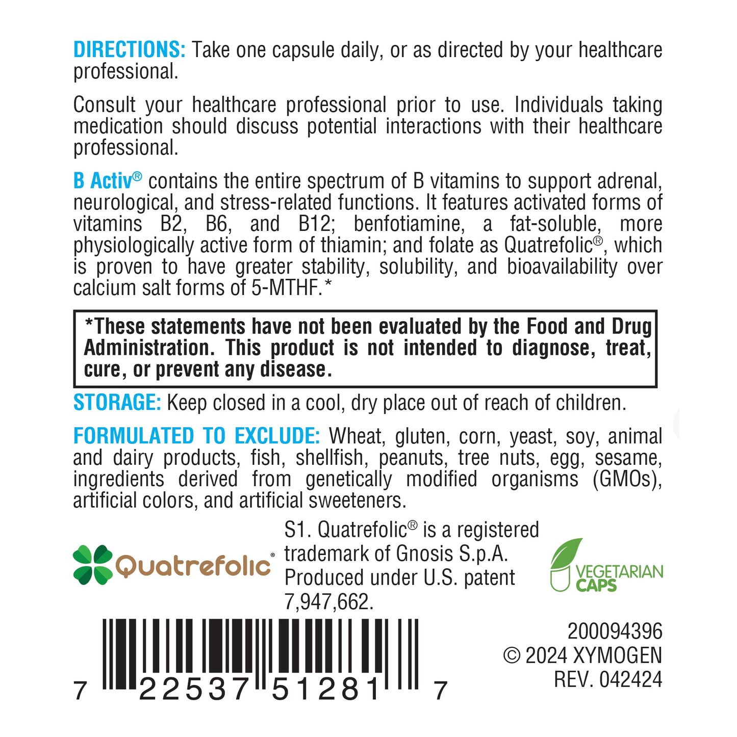 XYMOGEN Vitamin B Complex Capsule, 30 Capsules