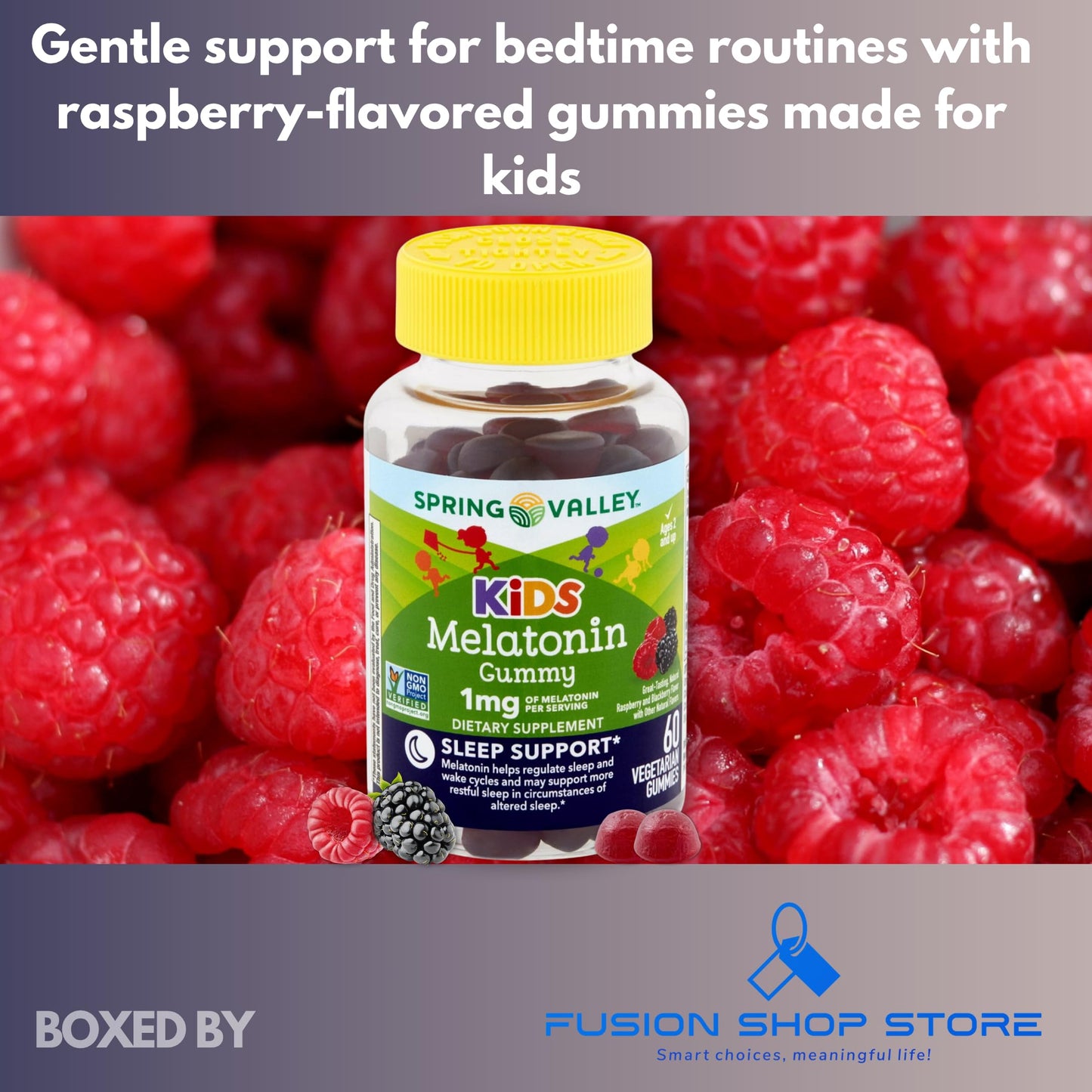 Fusion Shop Store Kids Melatonin Gummies 1mg Raspberry Flavor Gummy, 60 Count