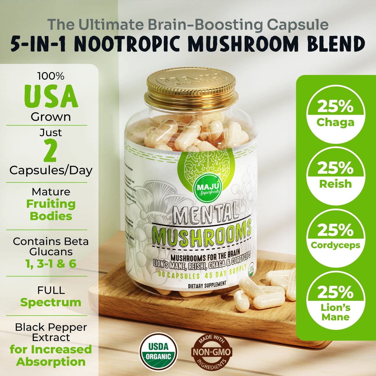 Maju Superfoods MENTAL Mushroom Capsules, 90 Count