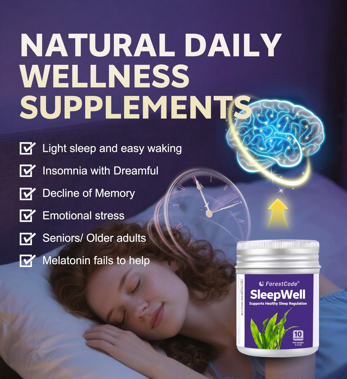 ForestCode Natural Sleep Aid for Adults with GABA & Seaweed Extract, Melatonin-Free Supplement for Deep Sleep & Stress Relief, Non-Habit Forming Capsules, 10 Count