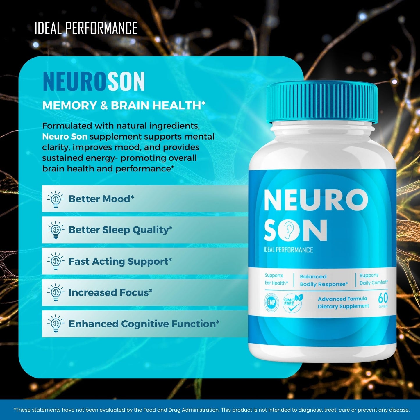 IDEAL PERFORMANCE NeuroSon Brain & Memory Supplement Capsules, 300 Capsules