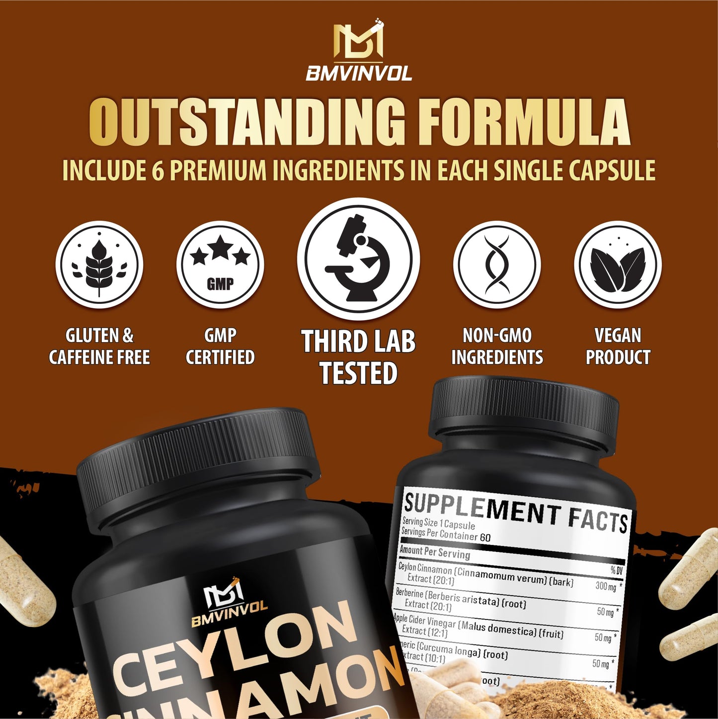 BMVINVOL Ceylon Cinnamon Capsules with Berberine HCl Supplement - Panax Ginseng, Apple Cider Vinegar, Turmeric Curcumin, 60 Capsules