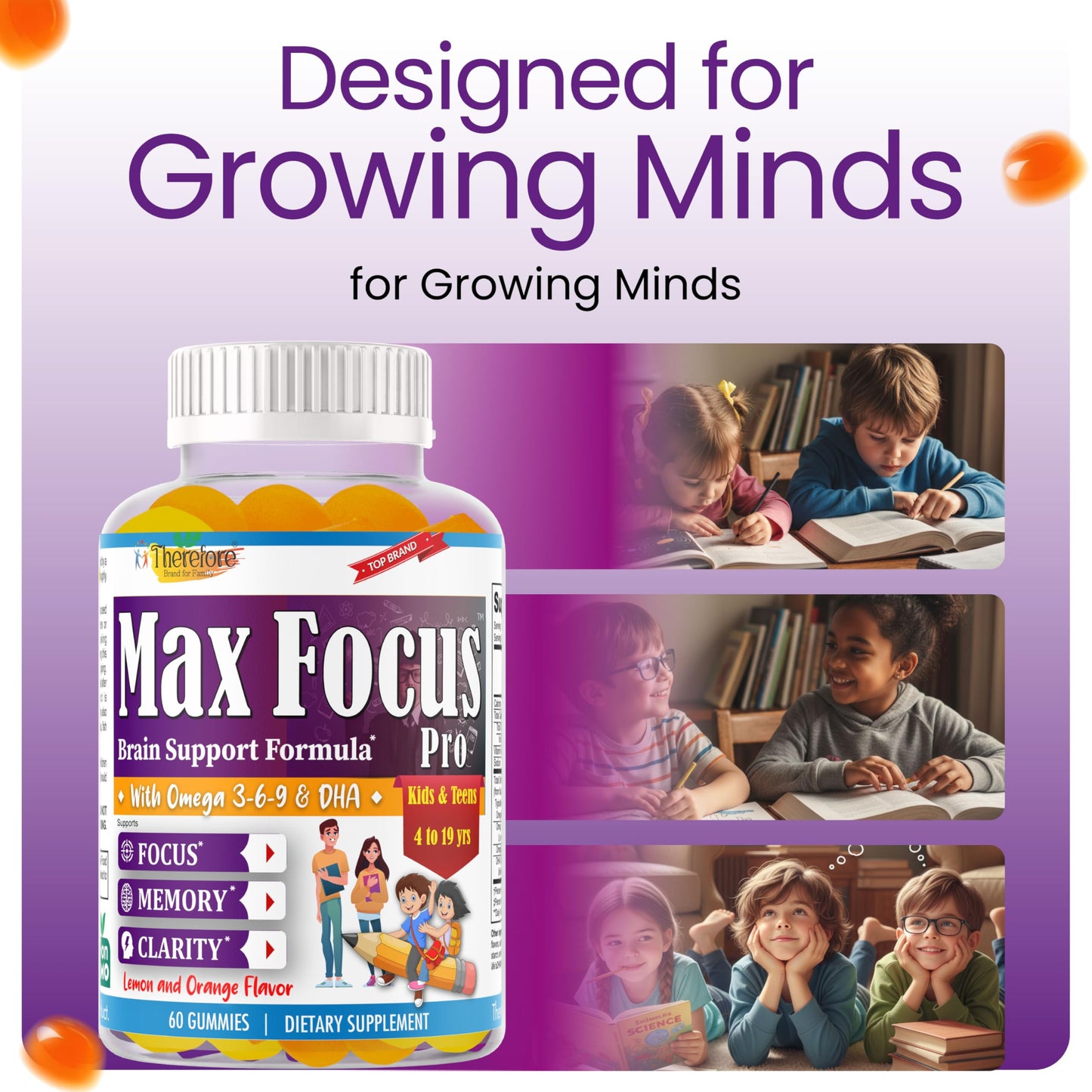 Therefore Max Focus Gummies for Kids & Teens with Omega-3 DHA, 60 Gummies