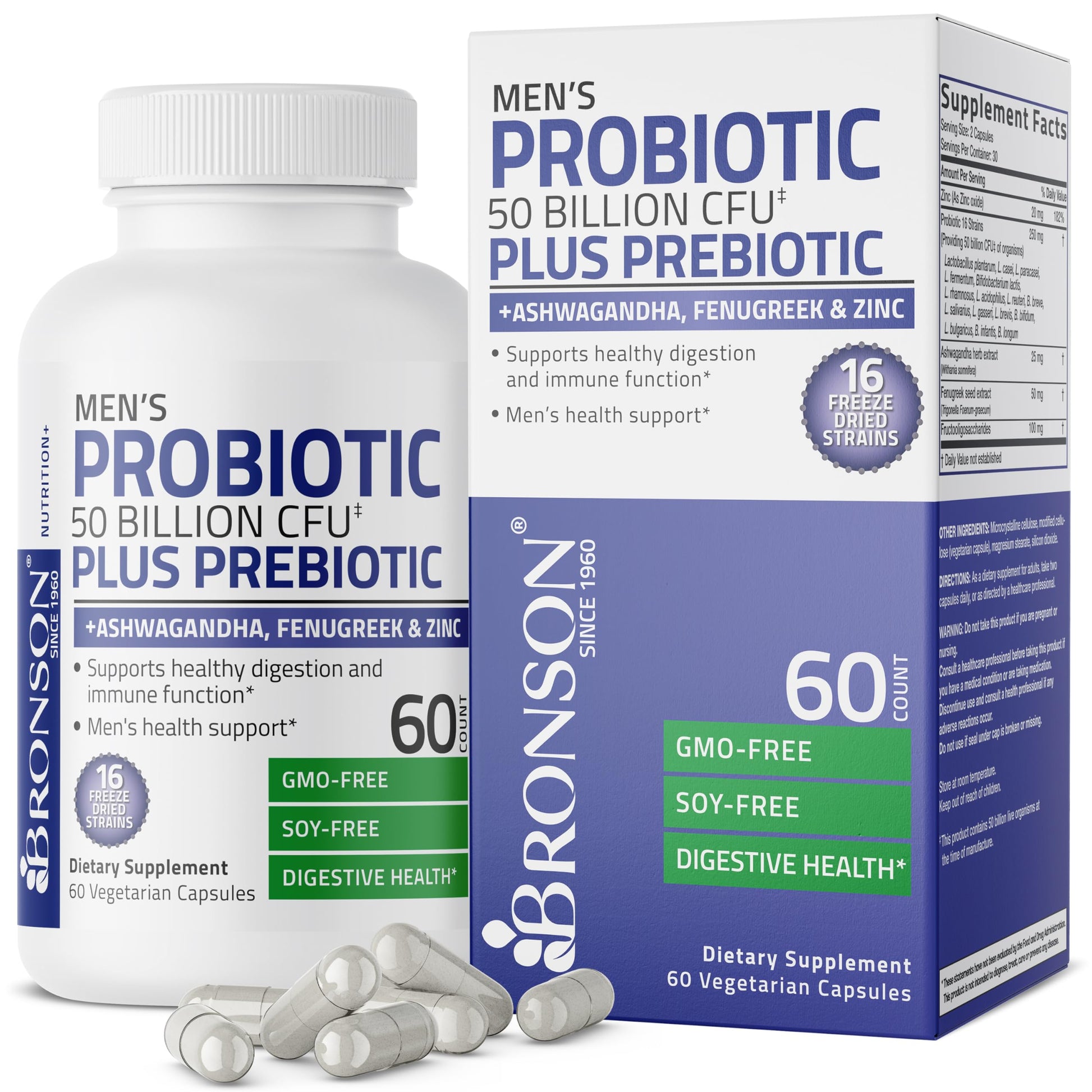 Bronson Men's Probiotic 50 Billion CFU Plus Prebiotic with Ashwagandha, Fenugreek & Zinc, Supports Healthy Digestion & Immune Function Non-GMO, 60 Capsules