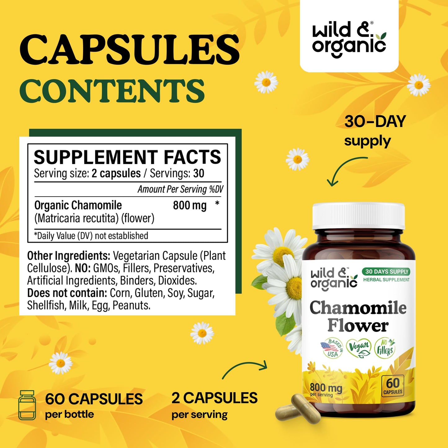 Wild & Organic Chamomile Capsules 800 mg, 60 Count