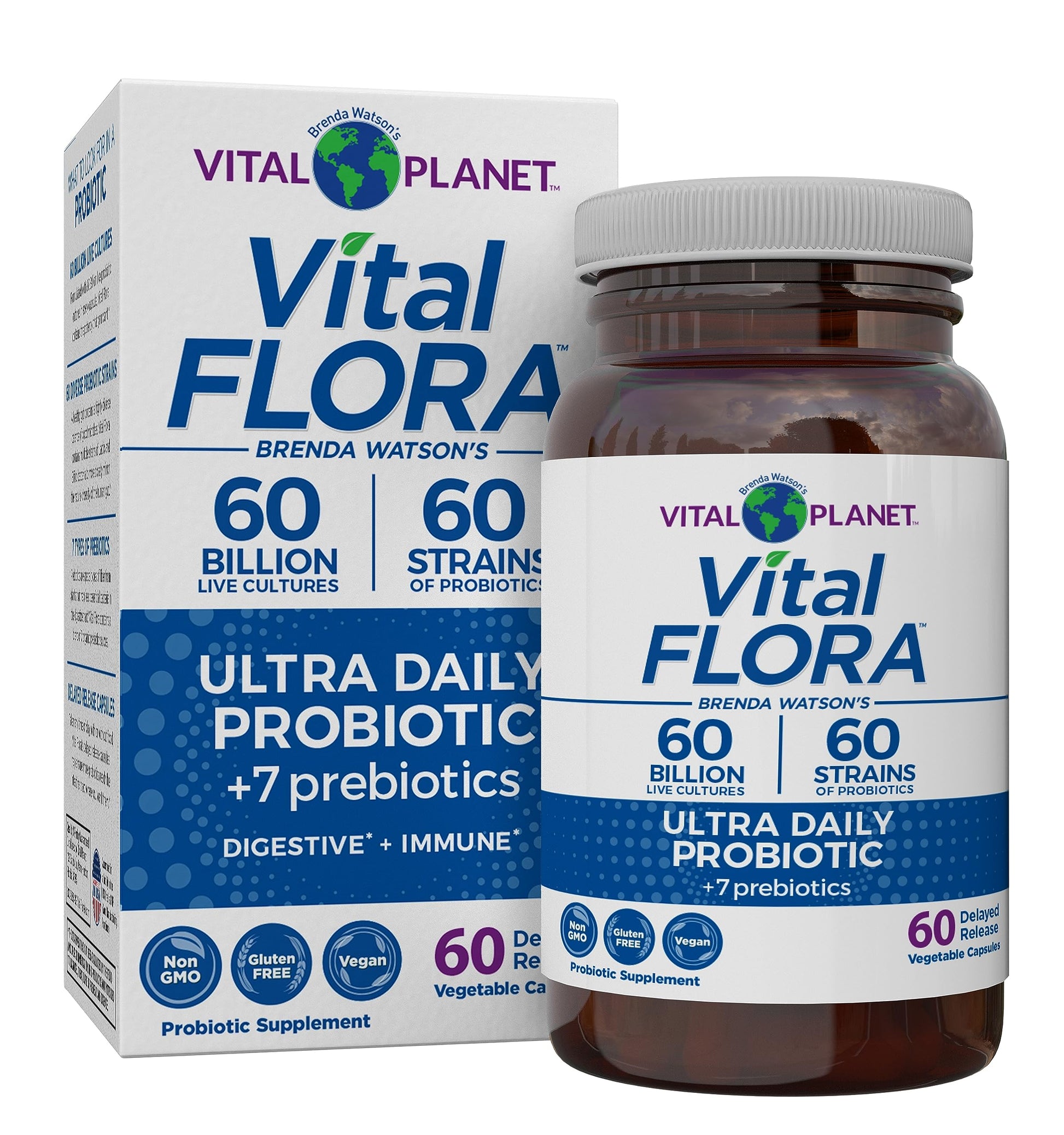 Vital Planet Vital Flora Ultra Daily Probiotic 60 Billion CFU, Diverse Strains, Organic Prebiotics, Immune Support, 60 Capsules