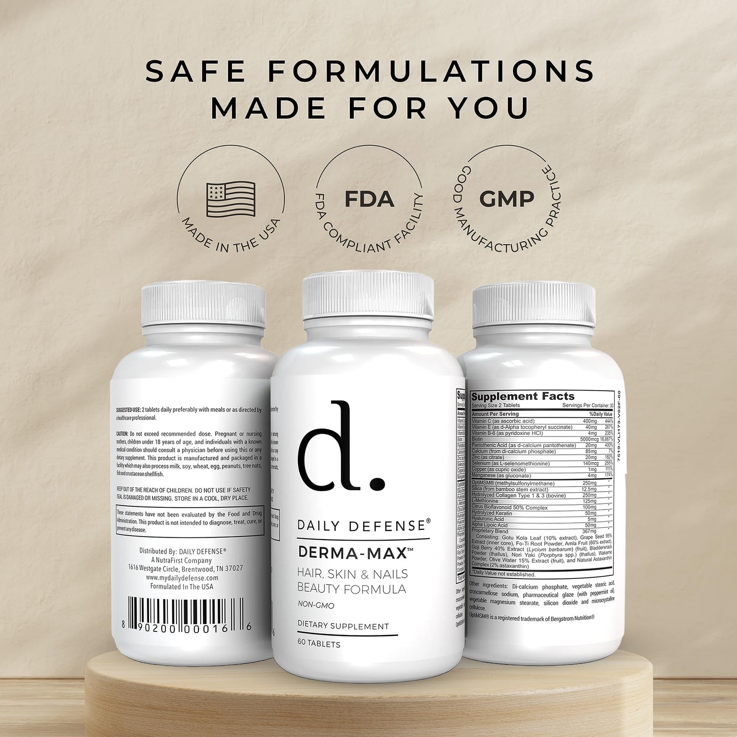 Daily Defense Collagen Supplements for Women - Hair Skin and Nails, 60 Tablets