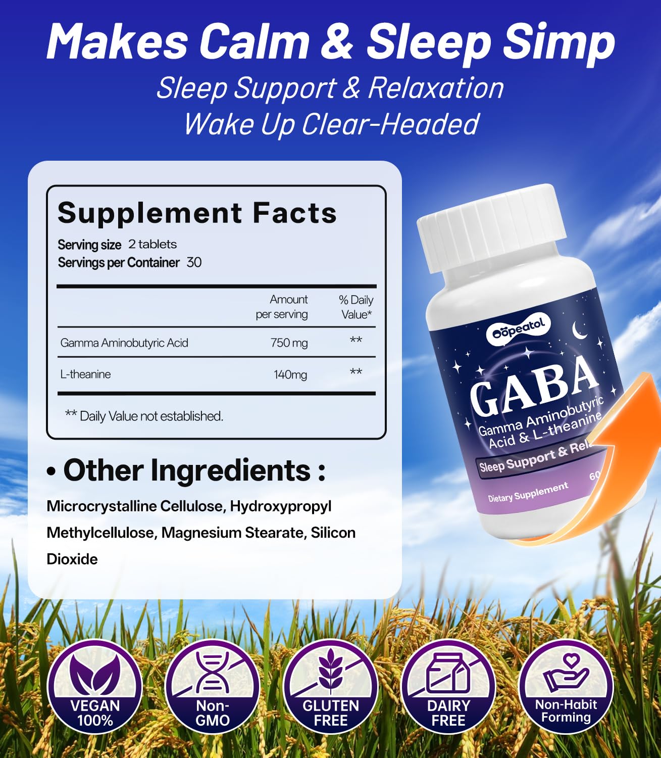 Oopeatol GABA Complex L-Theanine Supplements Stress Relief & Mood Balance Support, 60 Vegan Tablets