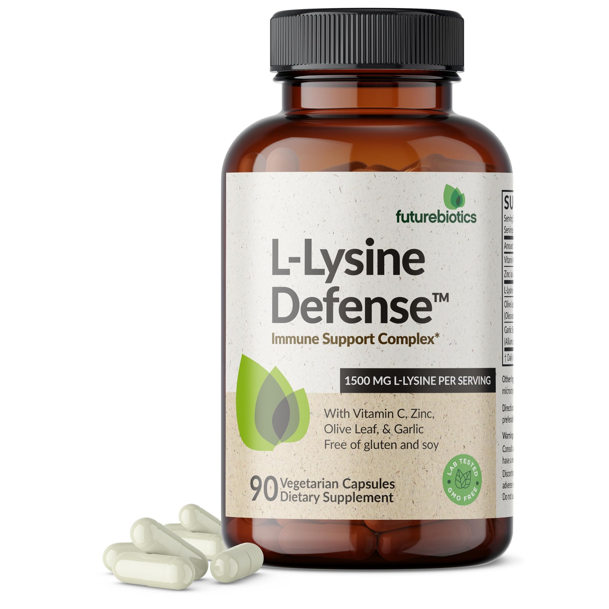Futurebiotics L-Lysine Defense Immune Support Complex 1500 mg per Serving with Vitamin C, Zinc, Olive Leaf & Garlic Capsule, 90 Count