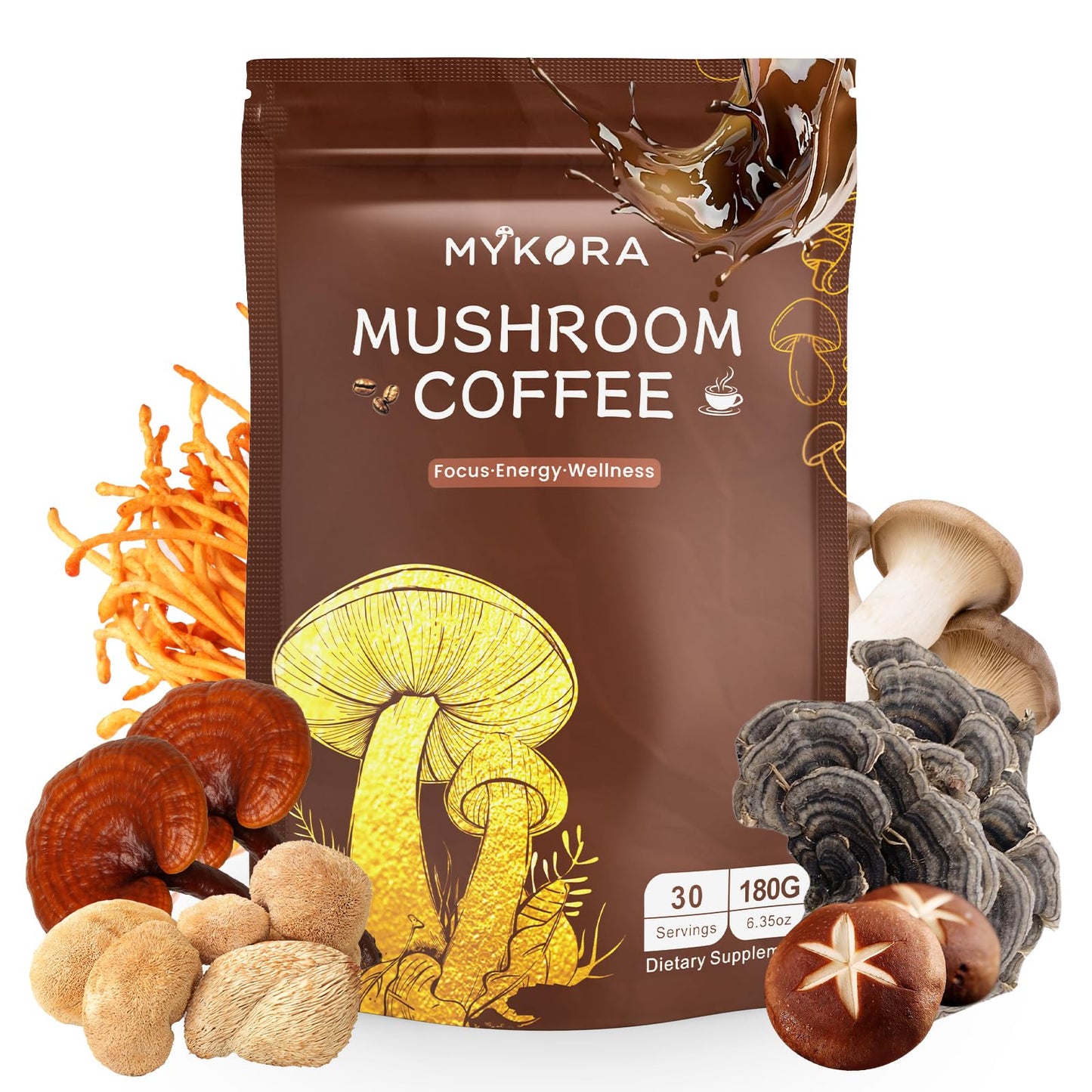 MYKORA Mushroom Coffee 2000mg Powder, Organic Instant Coffee with 6 Adaptogenic Mushrooms (Lion’s Mane & Turkey Tail), MCT Oil & Coconut, 6.35 oz