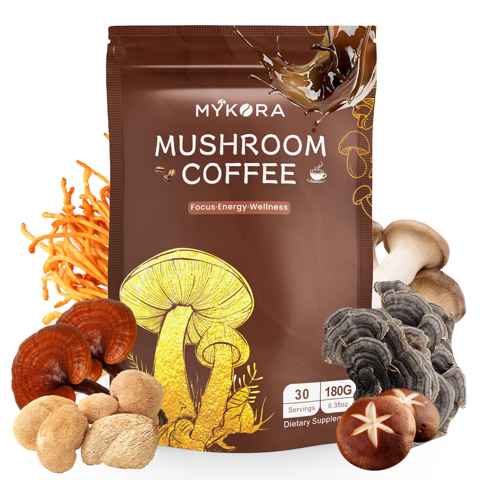 MYKORA Mushroom Coffee 2000mg Powder, Organic Instant Coffee with 6 Adaptogenic Mushrooms (Lion’s Mane & Turkey Tail), MCT Oil & Coconut, 6.35 oz
