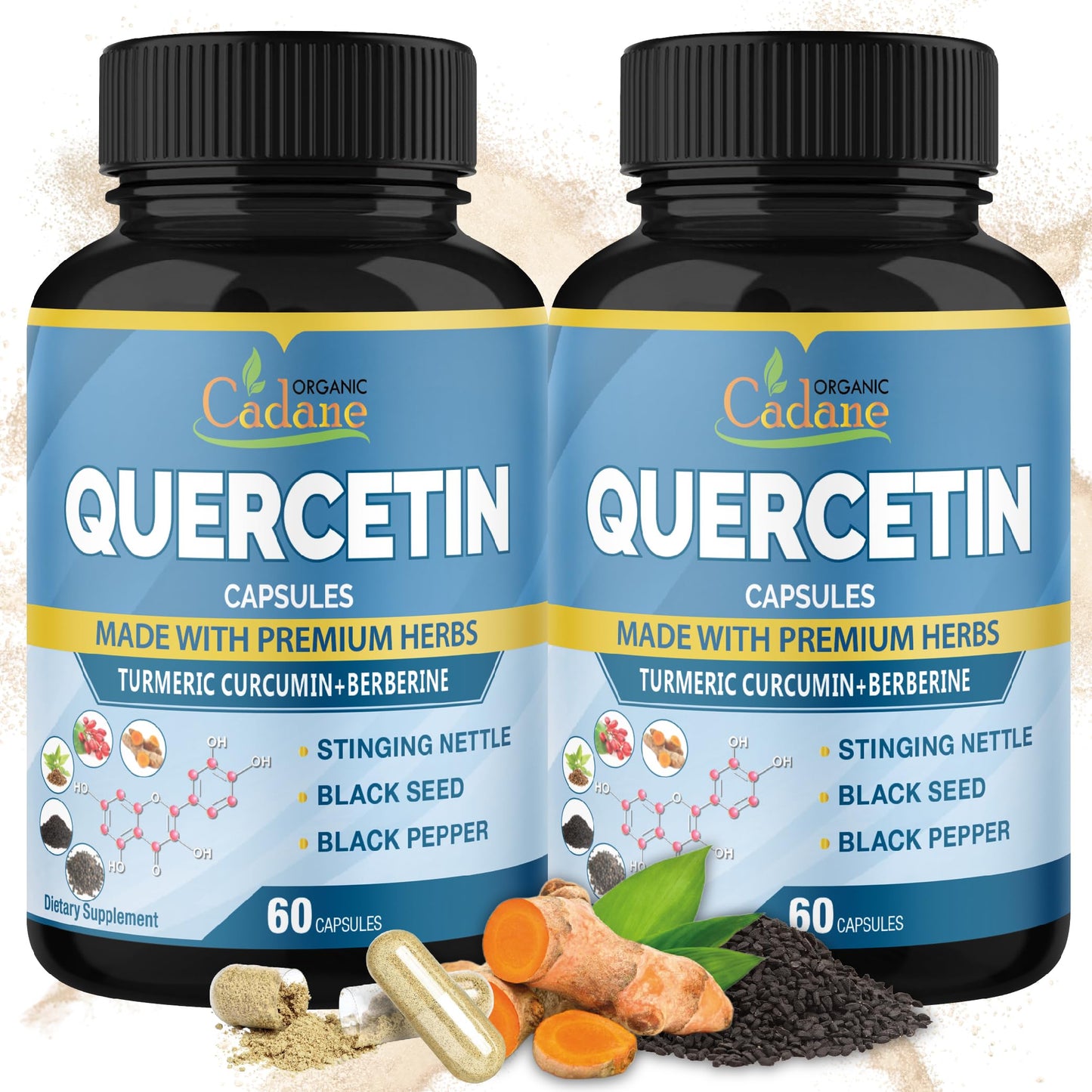 Organic Cadane Quercetin Supplements Capsules, 6in1 with Turmeric, Berberine, Stinging Nettle, Black Seed, Black Pepper, 120 Capsules