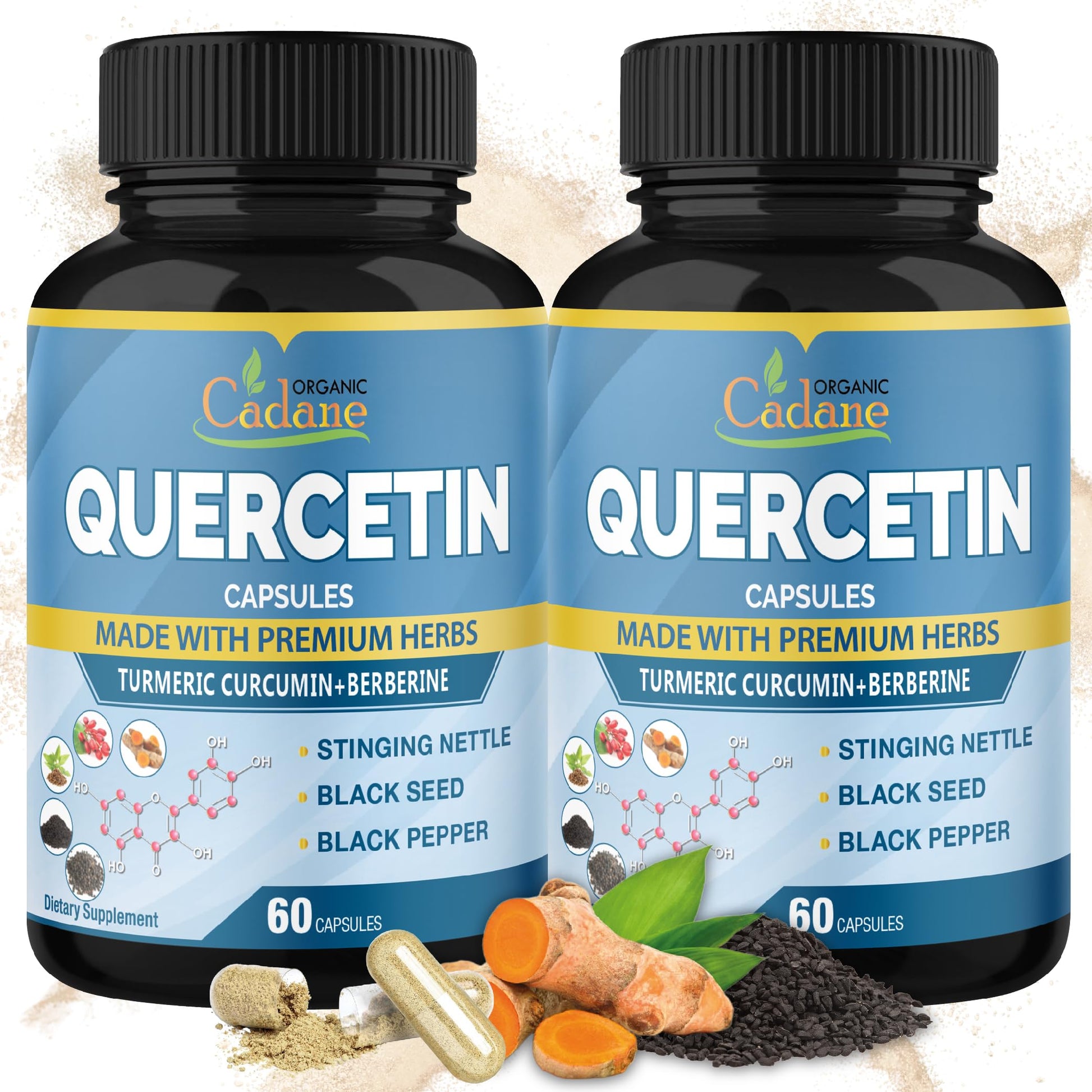 Organic Cadane Quercetin Supplements Capsules, 6in1 with Turmeric, Berberine, Stinging Nettle, Black Seed, Black Pepper, 120 Capsules