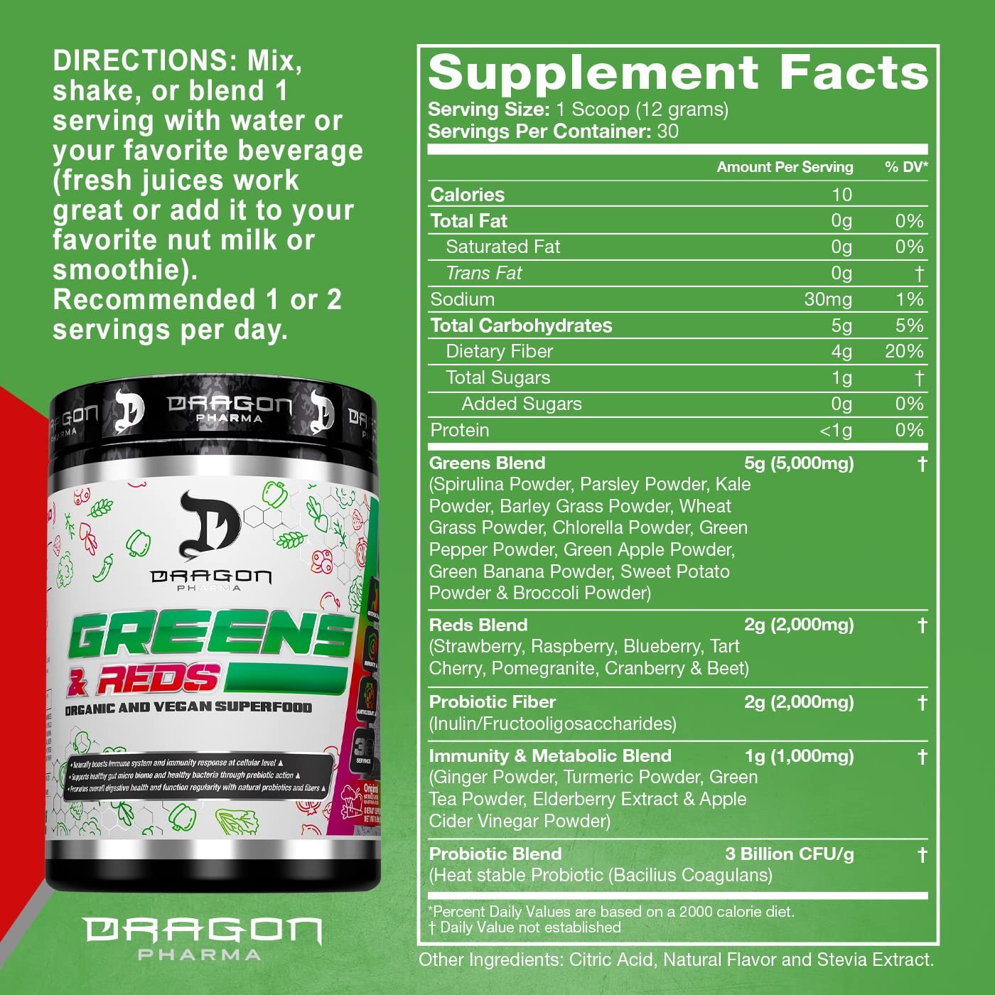 DRAGON PHARMA Greens and Reds Powder, 12.7 Ounce