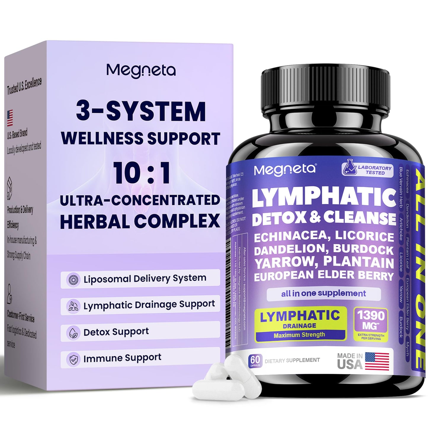 MEGNETA Lymphatic Drainage Supplements Herbal Complex with Echinacea, Dandelion 60 Capsules