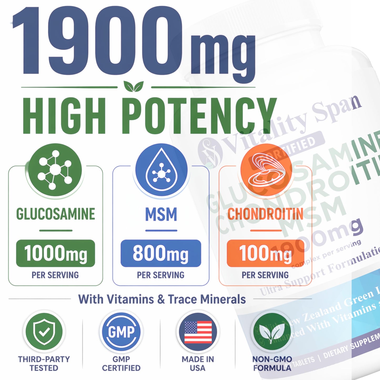 Vitality Span Glucosamine Chondroitin MSM Supplement 1900mg – High Potency Complex with Green Lipped Mussel, 90 Tablets
