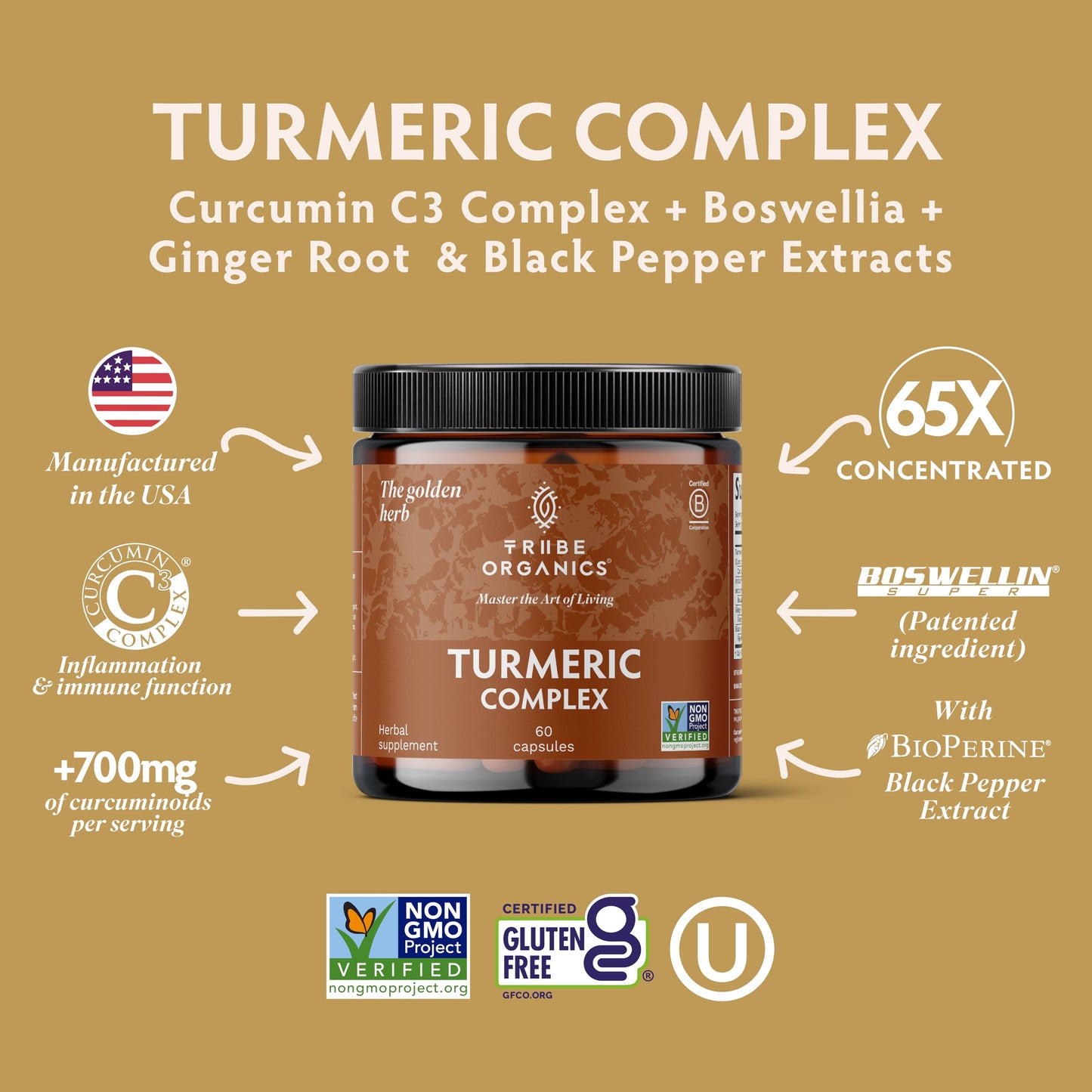TRIBE ORGANICS Turmeric Curcumin C3 Complex with BioPerine 1050mg Vegan Capsules, 60 Count