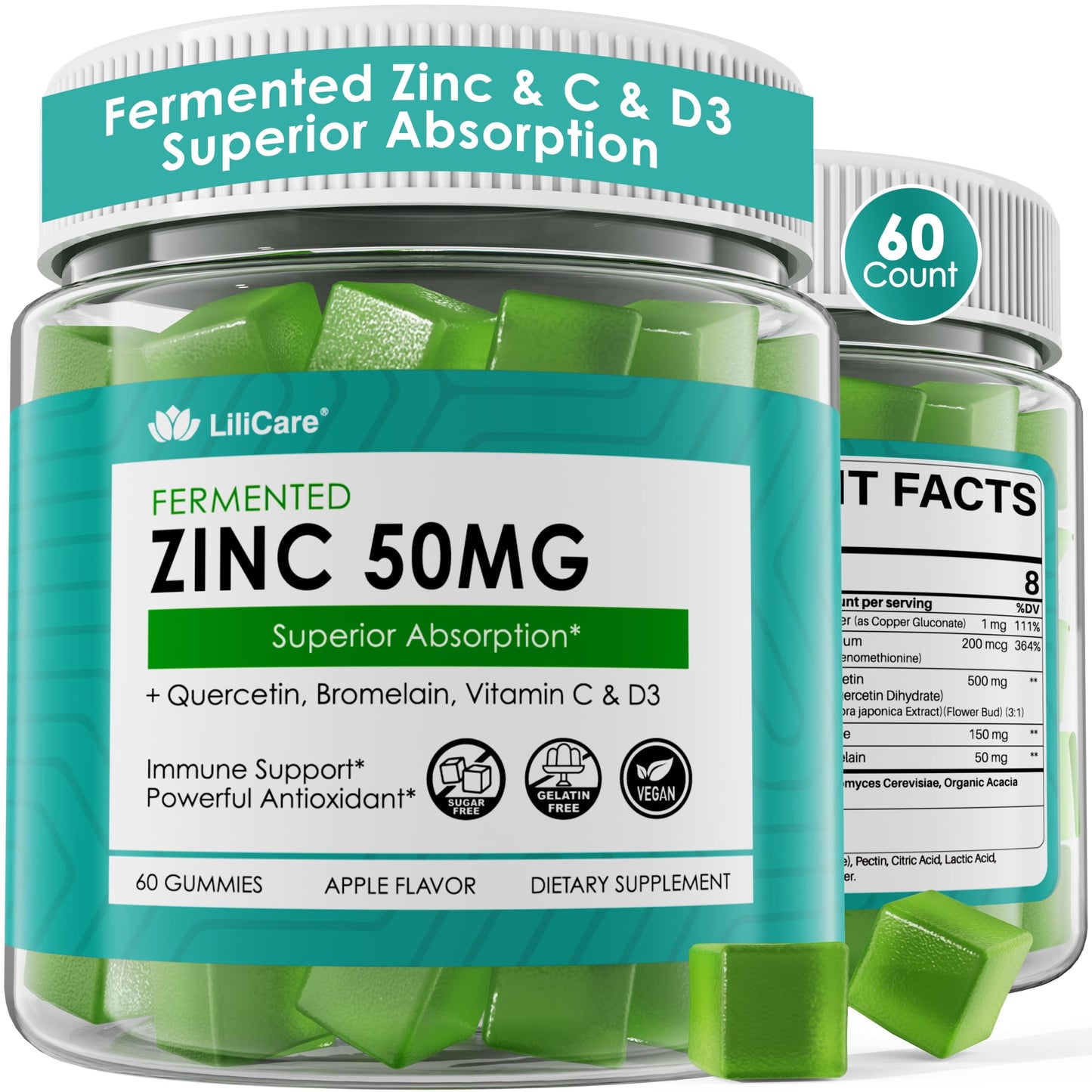 LILICARE Fermented Zinc Gummies with Vitamin C & D3, 50mg Zinc, 60 Gummies