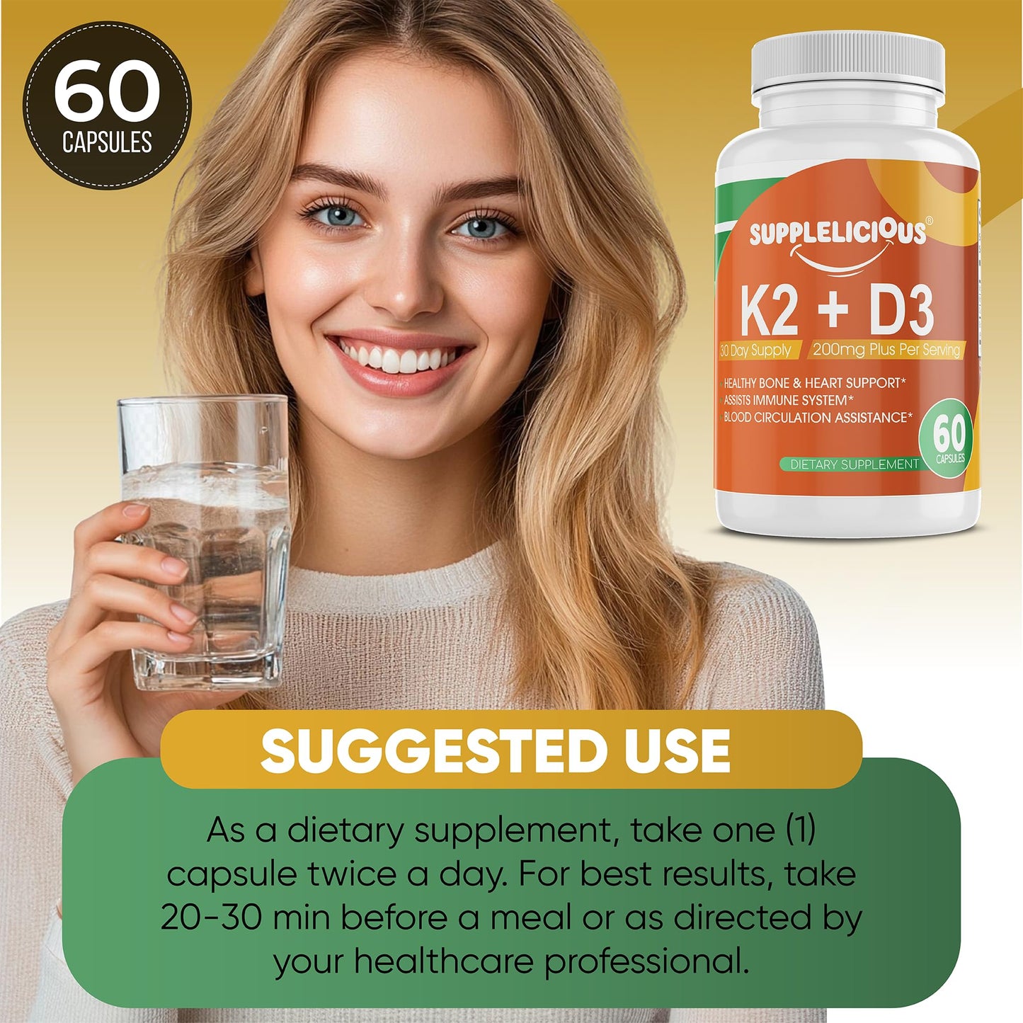 Supplelicious K2 + D3 with Calcium – Bone & Heart Health Supplement – Immune Support Capsule, 60 Count