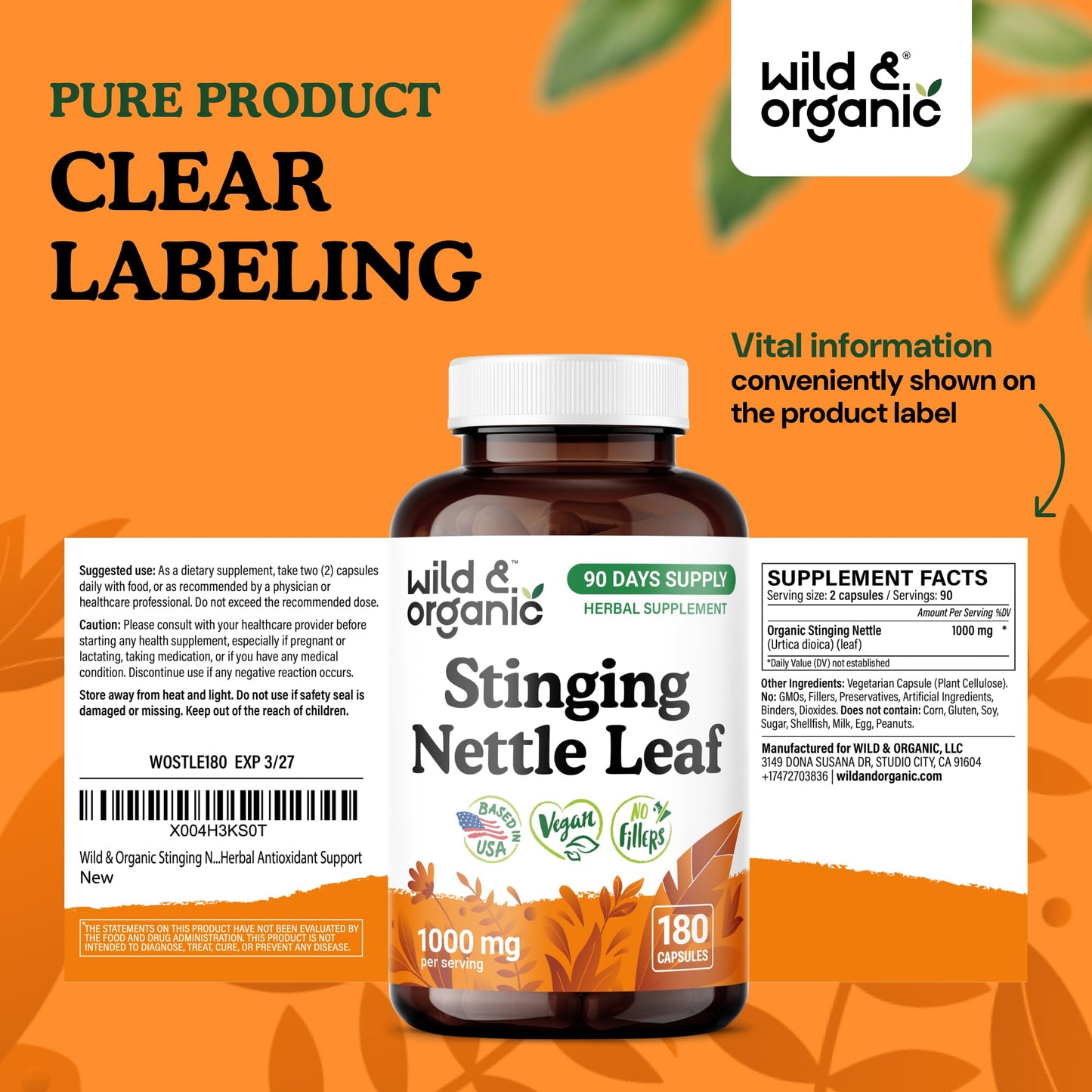 Wild & Organic Stinging Nettle Leaf Capsules 1000 mg, 180 Capsules