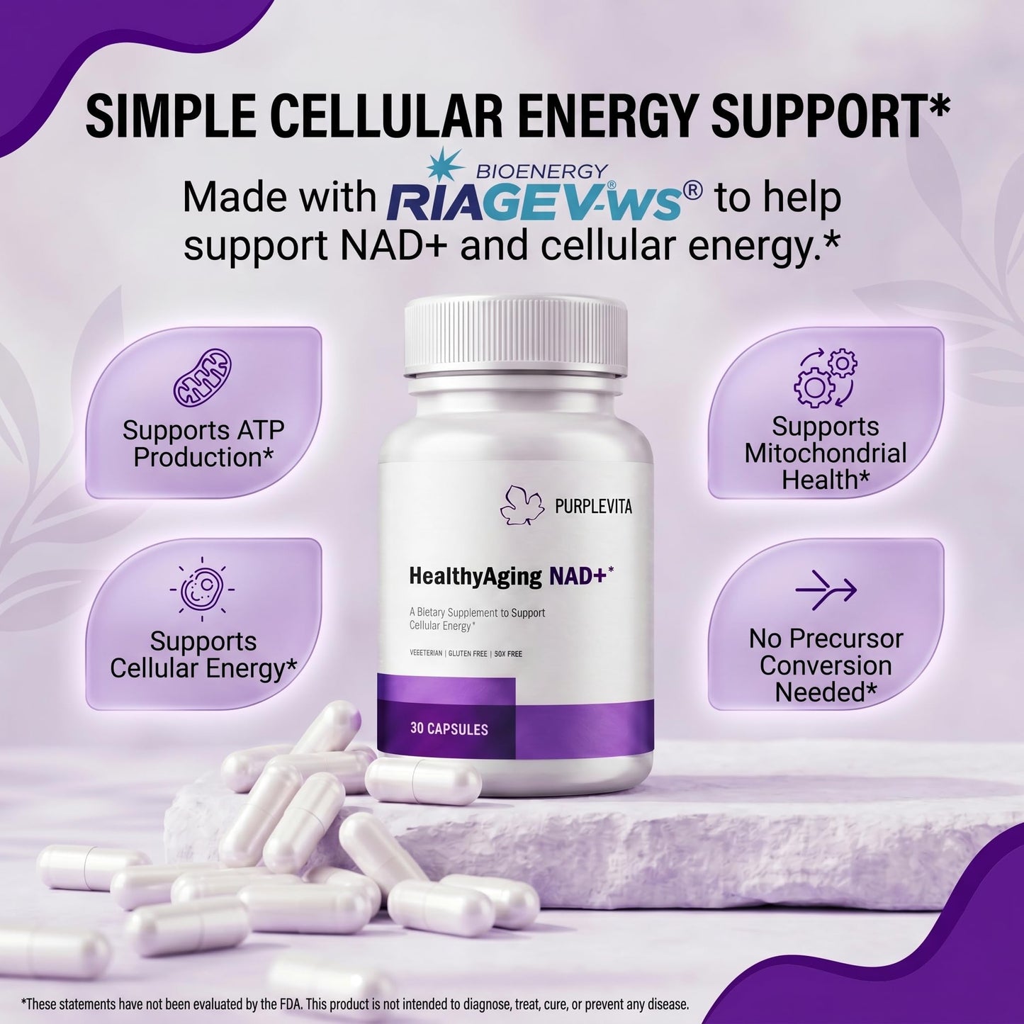 PURPLEVITA NAD + Plus Supplement Healthy Aging with RiaGev-WS, Vitamin C & Niacin, Cellular Energy, Metabolism and Stress Support, 30 Capsules