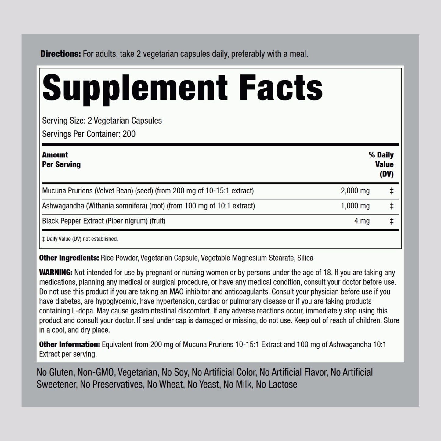 Piping Rock Mucuna Ashwagandha Capsules 200 Count