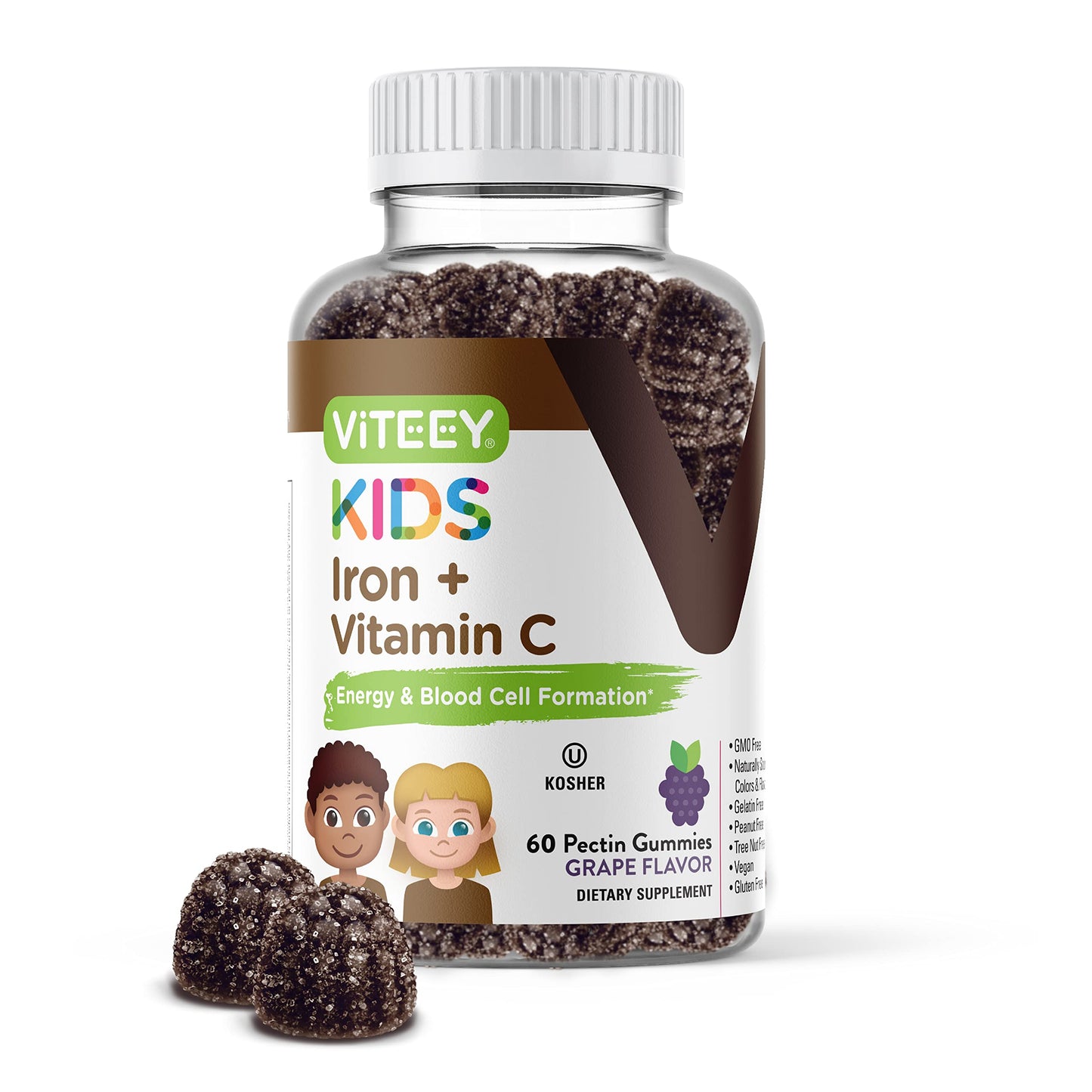 Viteey Iron for Kids with Vitamin C - Tasty Chewable Grape Flavored Gummy, 120 Count