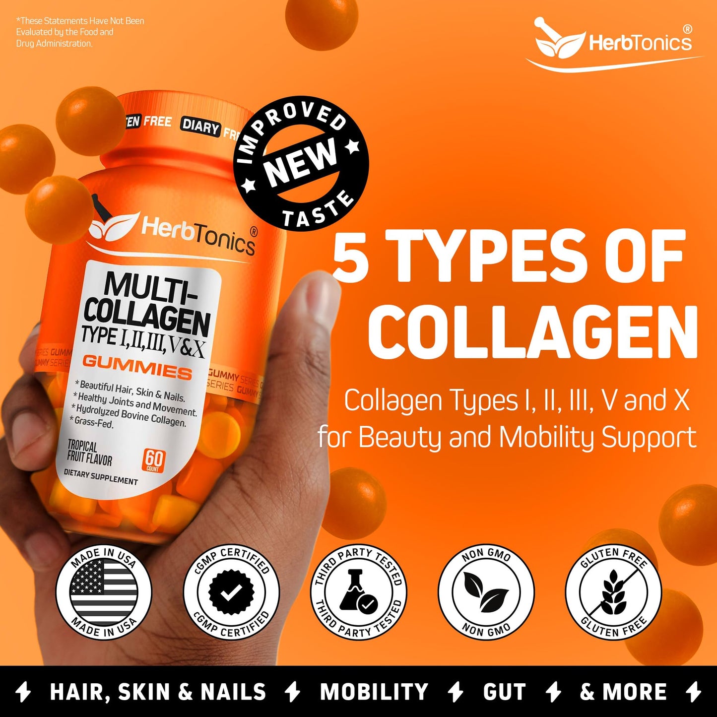 Herbtonics Multi Collagen Gummies with Biotin & Vitamin C, Hydrolyzed Collagen Peptides Types I, II, III, V, X for Hair, Skin, Nails & Bone Support — 60 Gummies