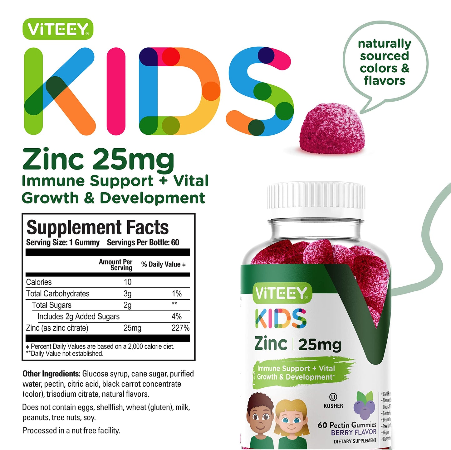 Viteey Zinc for Kids Gummies 25mg, 60 Count