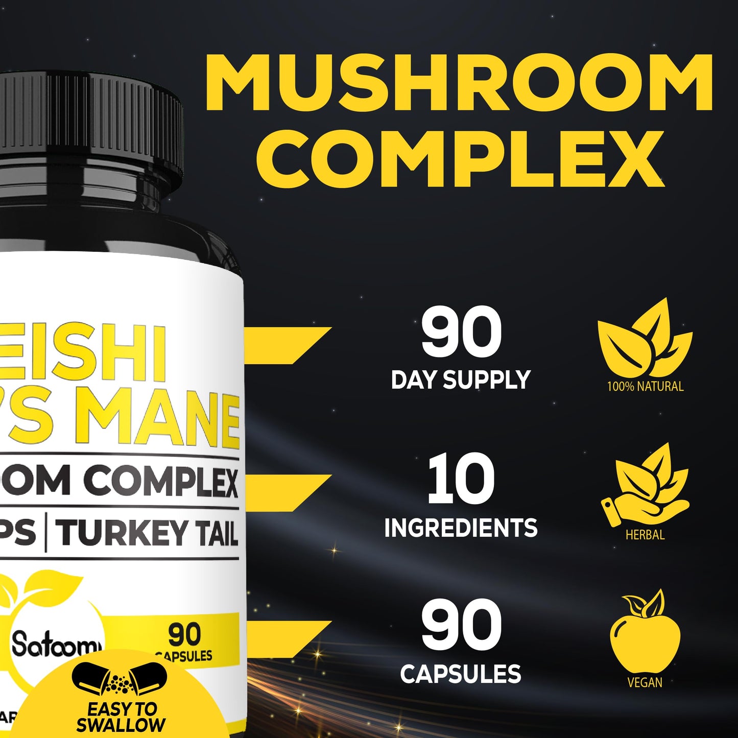 Satoomi Reishi Supplement Complex 5000mg 10-in-1 with Lions Mane, Cordyceps Sinensis, Chaga Mushroom & Others, 90 Capsules