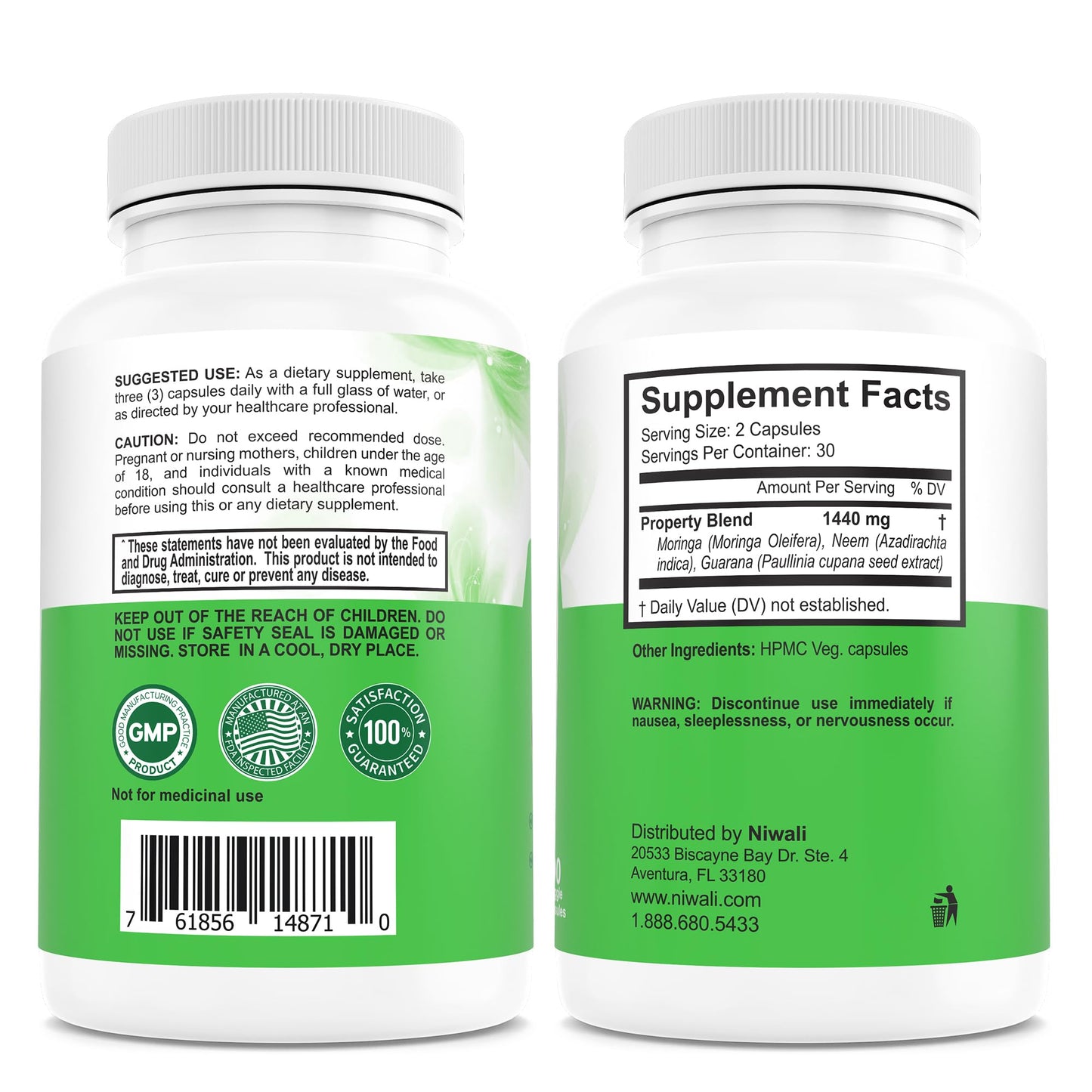 NIWALI Moringa Oleifera + Leaf Nutritional Supplement 90 Capsules