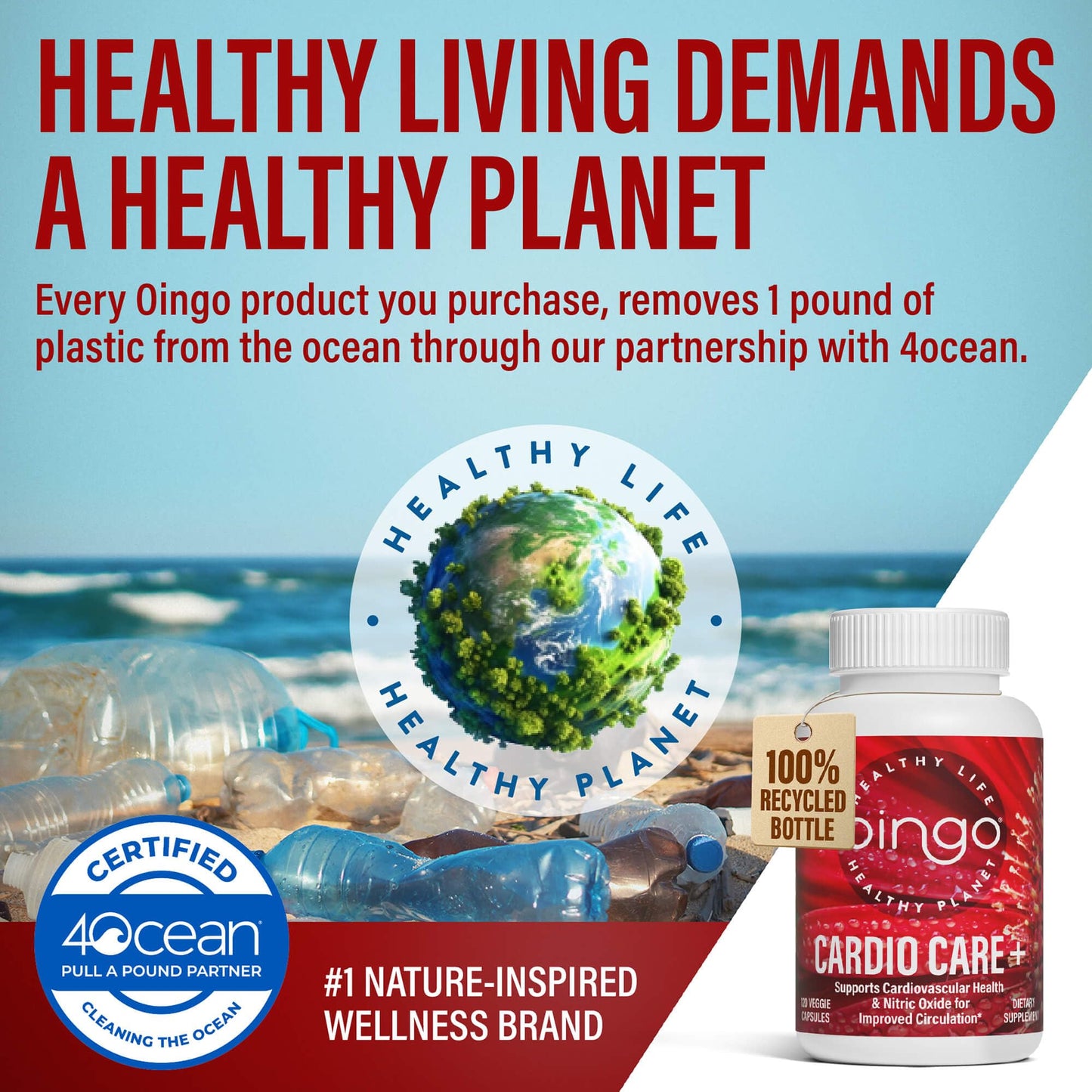 Oingo Cardio Care + Heart Health Formula Nitric Oxide Booster with Beet Root Powder, Grape Seed Extract, Taurine, B Vitamins for Blood Flow & Blood Pressure Support, Gluten Free, 120 Capsules