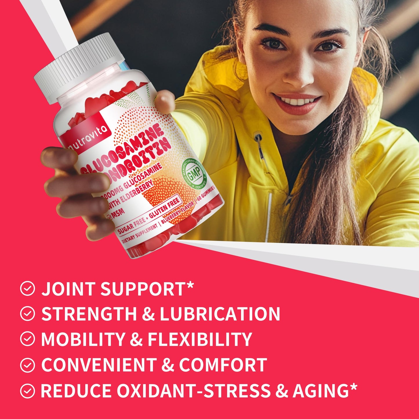 Nutravita Glucosamine Chondroitin Gummies with MSM & Elderberry Extra Strength - Joint Support and Immune Support, 120 Strawberry Chews