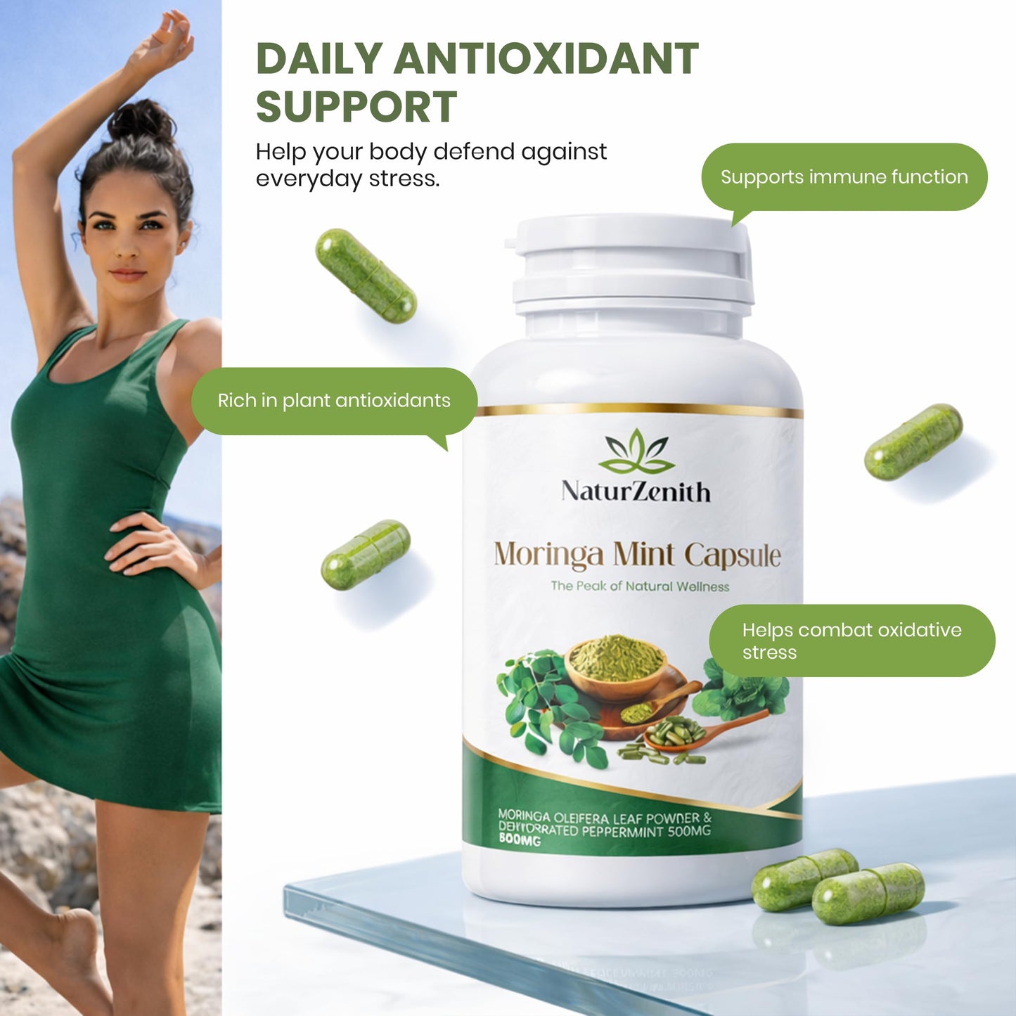 NaturZenith Moringa Mint Capsules 500mg – Moringa Oleifera Leaf Powder with Peppermint – Daily Herbal Supplement for Fresh Routine & Plant-Based Wellness – 60 Capsules