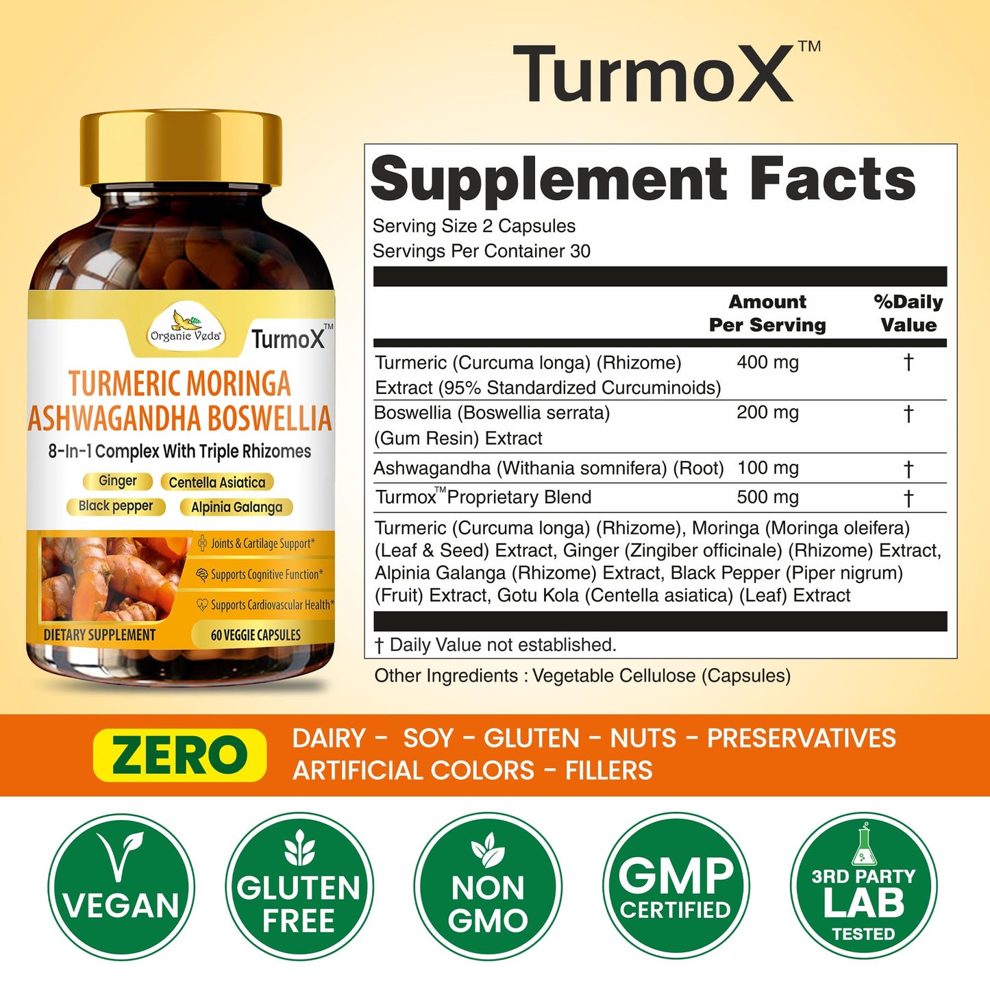 Organic Veda TurmoX Turmeric Moringa Ashwagandha Boswellia 60 Capsules