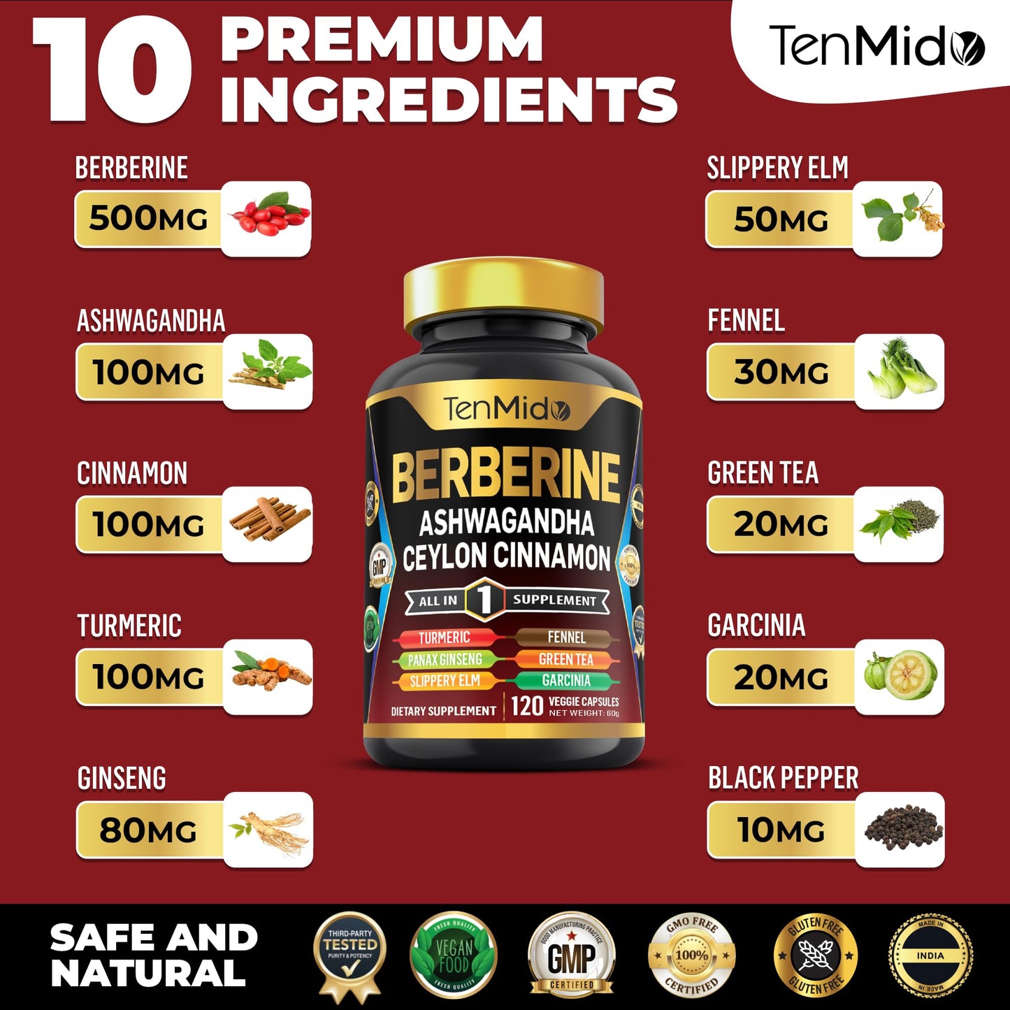 Tenmido Berberine Supplement Capsule, 120 Count