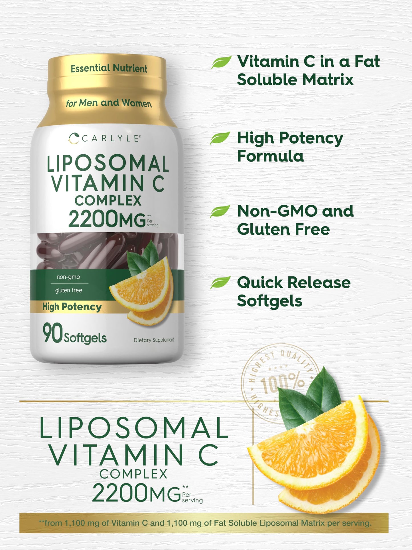 Carlyle Liposomal Vitamin C | 2200mg | 90 Softgels | High Potency Complex Supplement | Non-GMO, Gluten Free Supplement Packaging May Vary (Pack of 2)