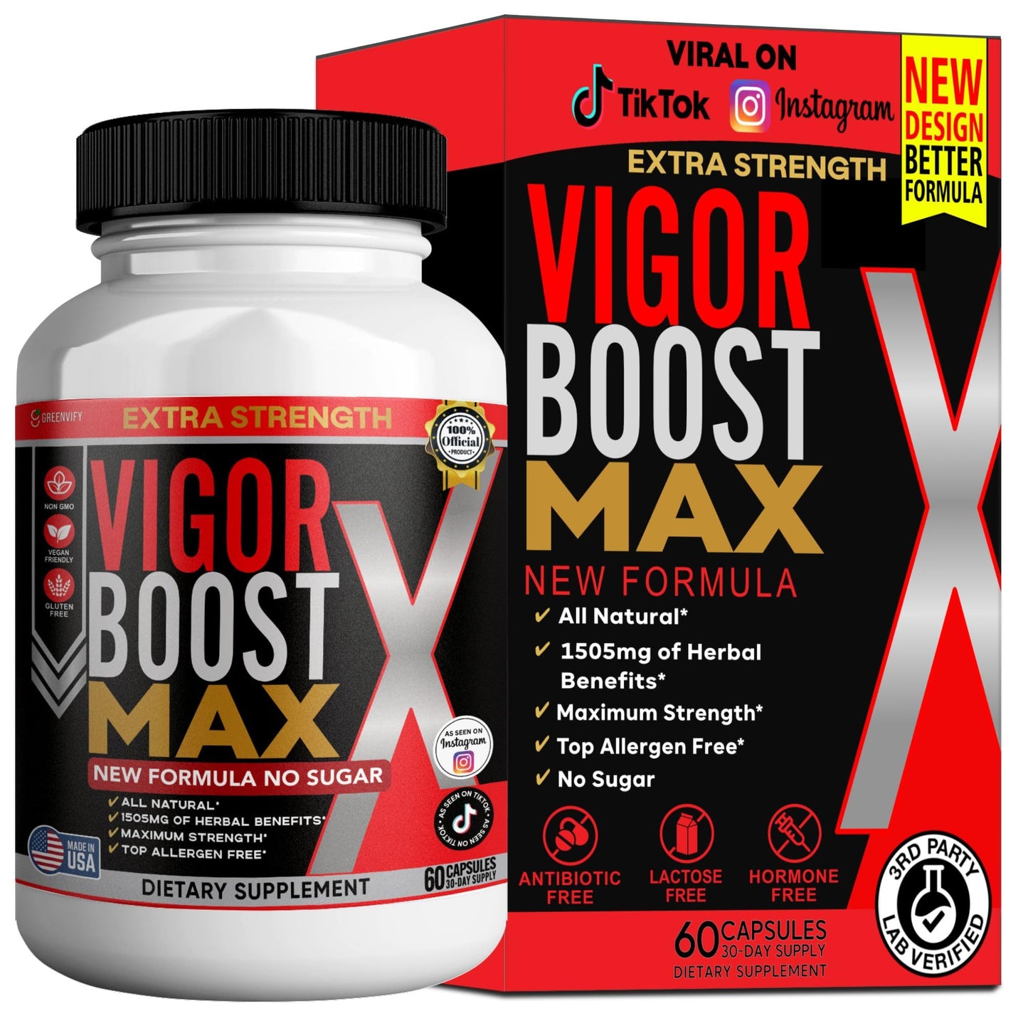 GREENVIFY Vigor Boost Max Extra Strength Organic Maca Root Supplement Black Red Yellow Maca 60 Capsules