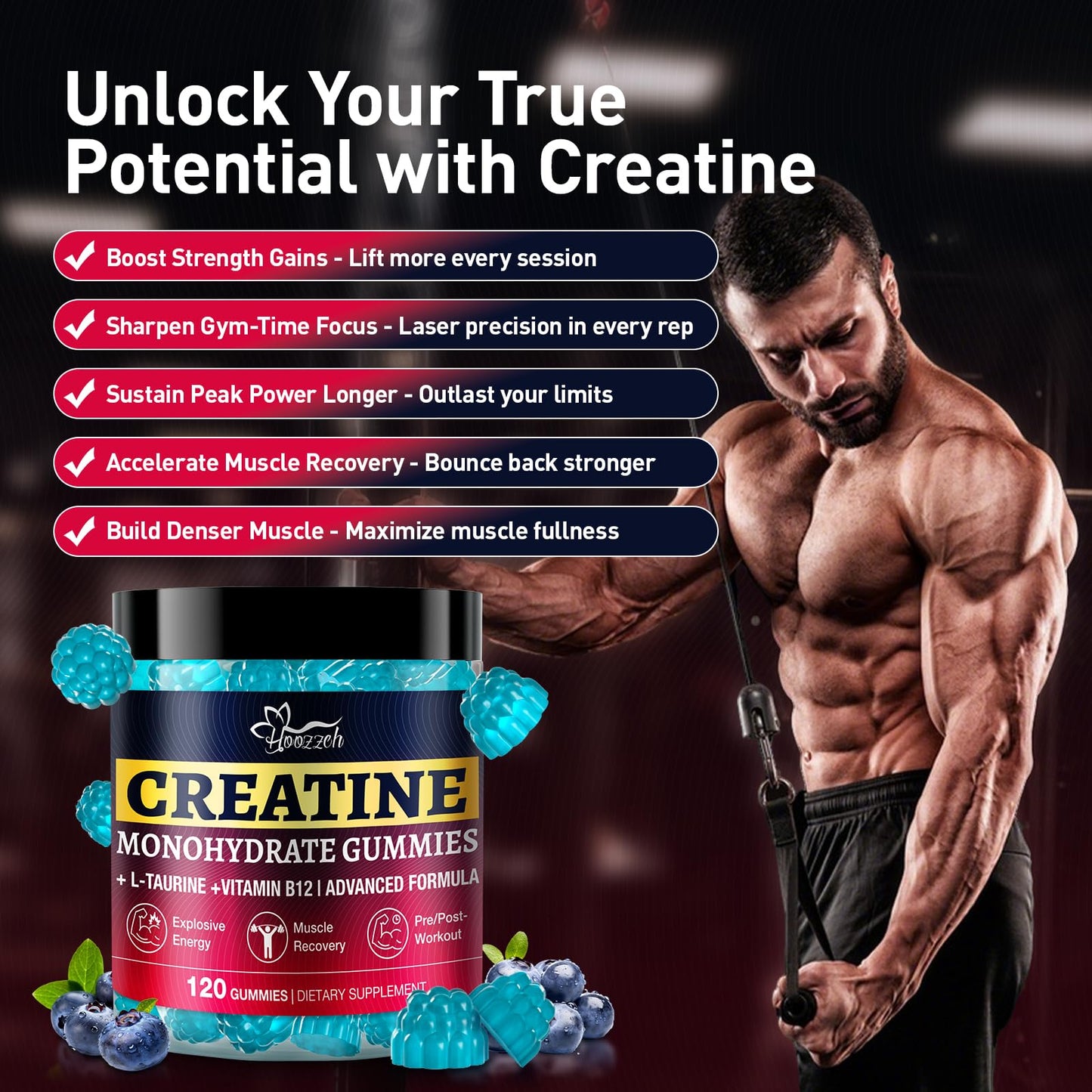 Hoozzch Blueberry Creatine Monohydrate Gummies, 120 Gummies
