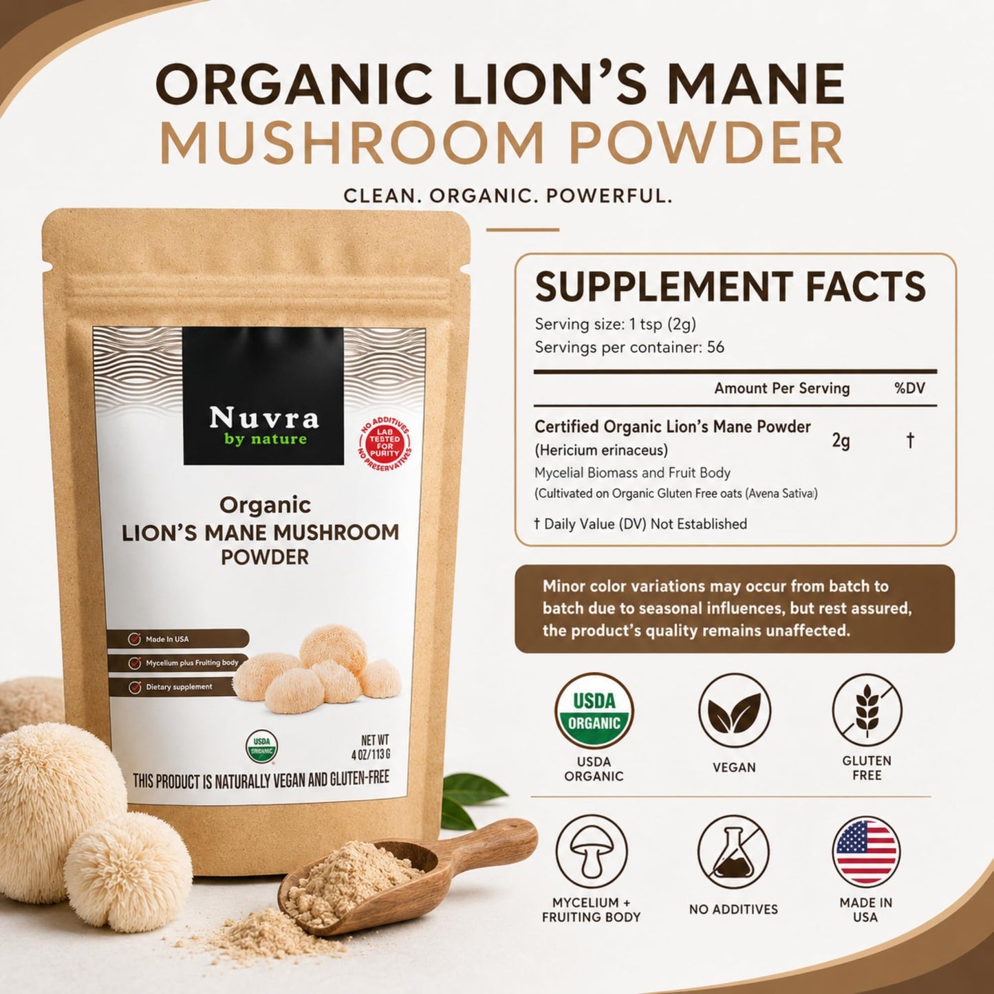 Nuvra by Nature Lion’s Mane Mushroom Powder, 4 oz, 1 Count