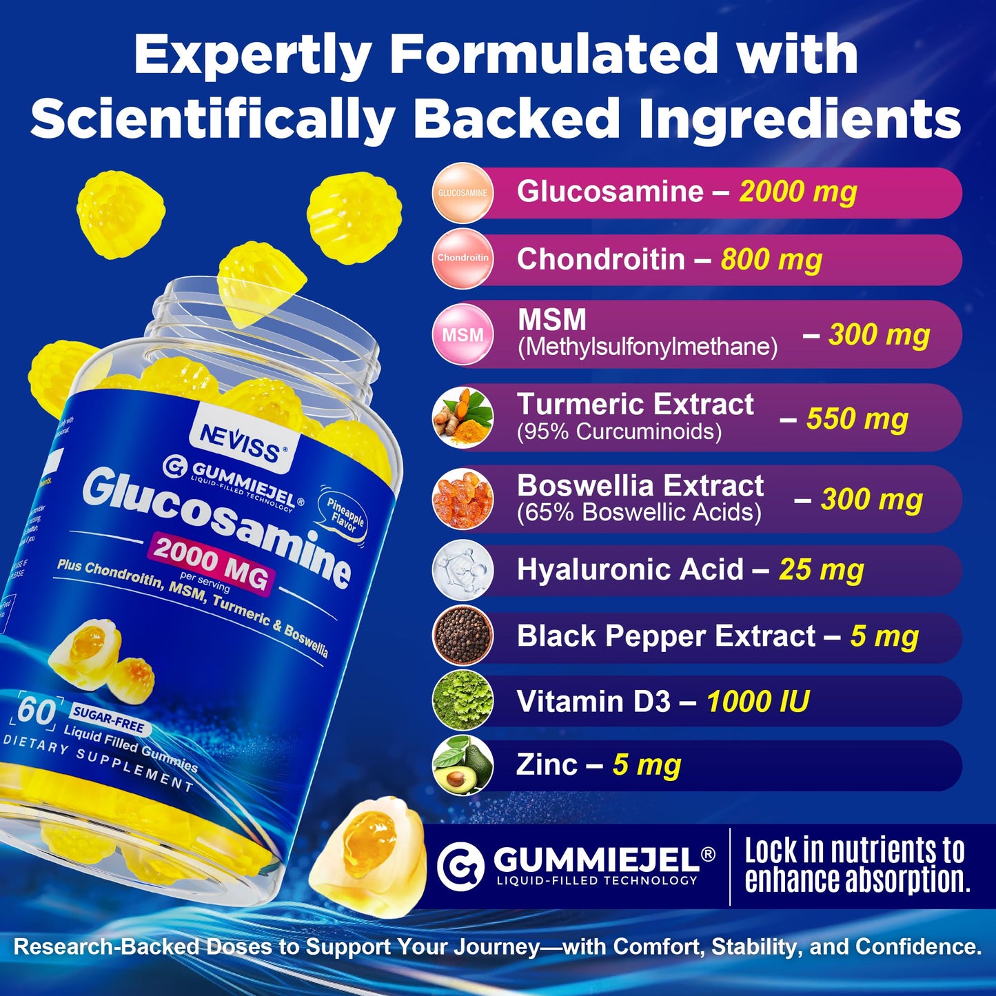 NEVISS Glucosamine Chondroitin Gummies with MSM & Turmeric, 60 Count