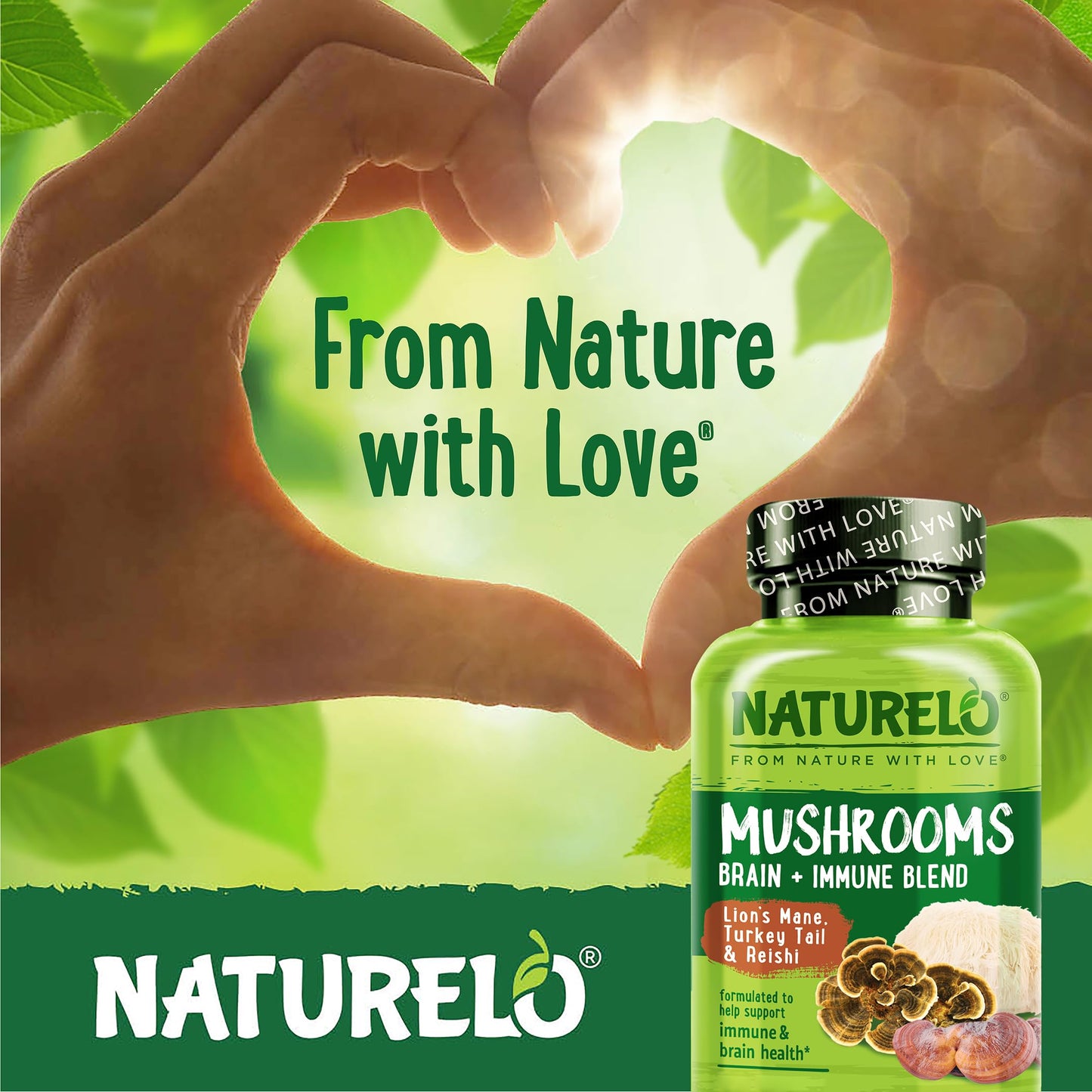 NATURELO Mushroom Supplement – Brain & Immune Health Blend with Lion’s Mane, Reishi, Turkey Tail, 180 Capsules