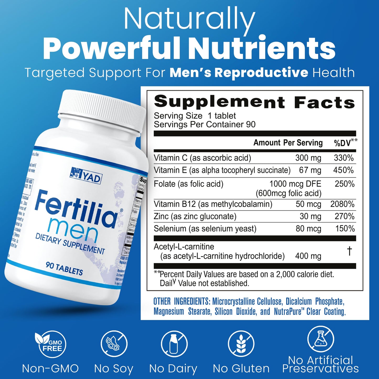 Fertilia Men's Fertility Support Pre-Conception Supplement with L-Carnitine, Zinc & Antioxidants, Non-GMO, Gluten-Free, Dairy-Free, 90 Tablets