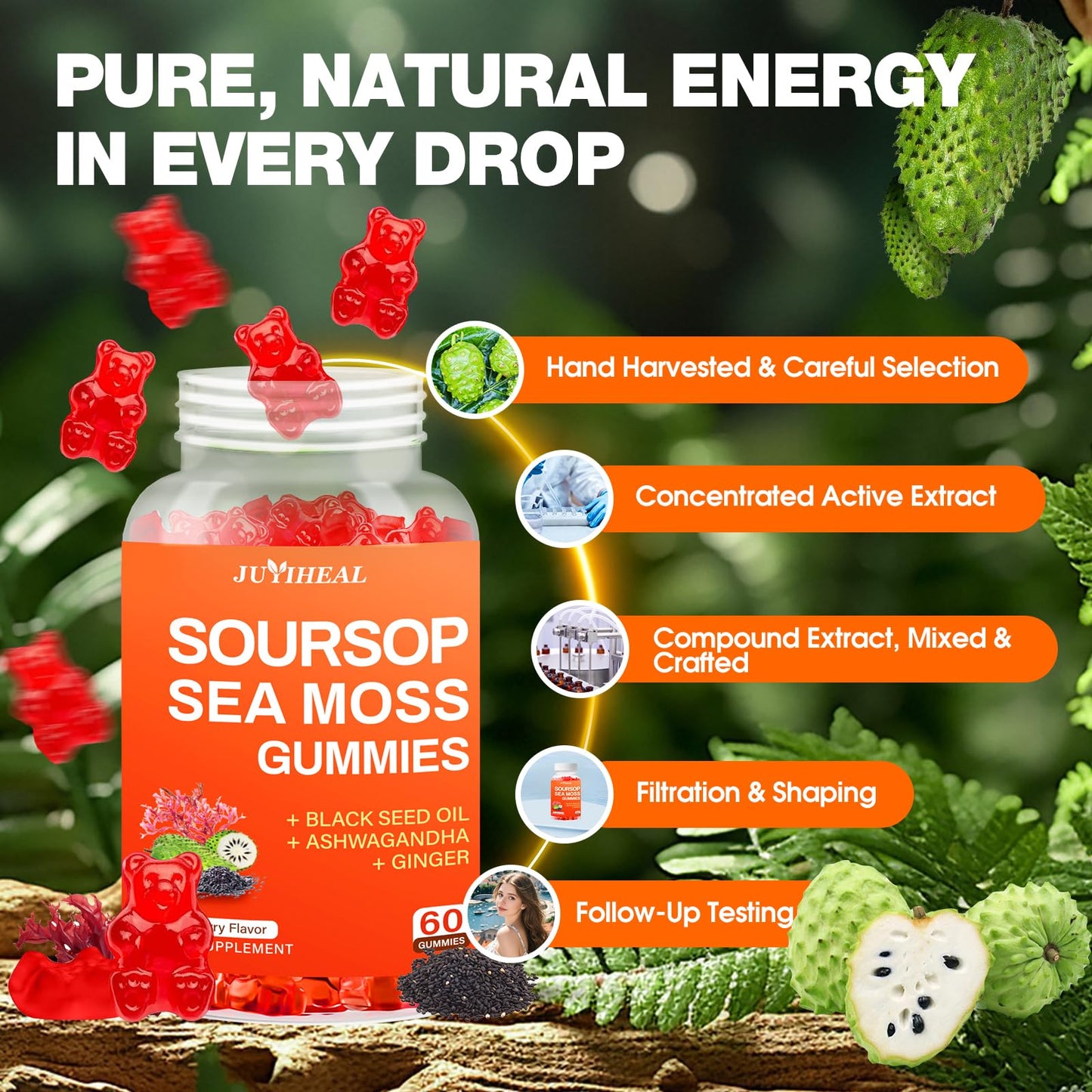 JUYIHEAL Soursop Graviola with Sea Moss Gummies, 10-in-1 Soursop Gummies with Vitamin C, Zinc for Immunity and Antioxidant, 60 Capsules