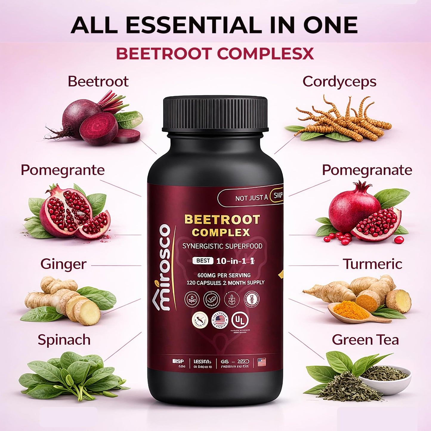 Mirosco Organic Beet Root Capsule 6000mg – Beetroot Supplement for Energy, Blood Flow & Circulation Support – with Cordyceps, Maca & Green Tea Extract – 120 Capsules