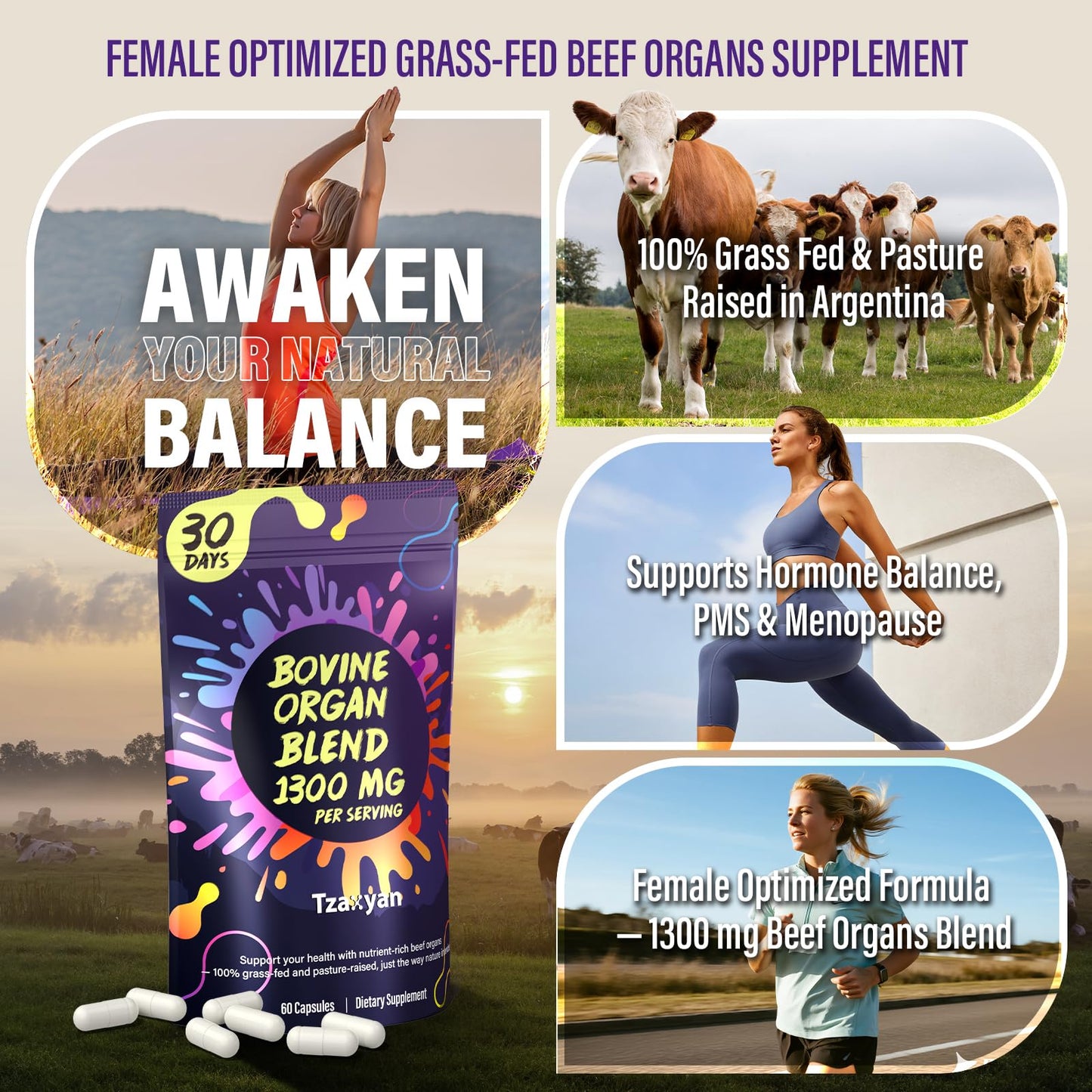 tzaxyan 1300MG Beef Organ Capsule for Women, 100% Grass-Fed Beef Liver, Uterus, Ovary & 3 More, Supports Endocrine Balance, Energy, Immunity, 60 Count