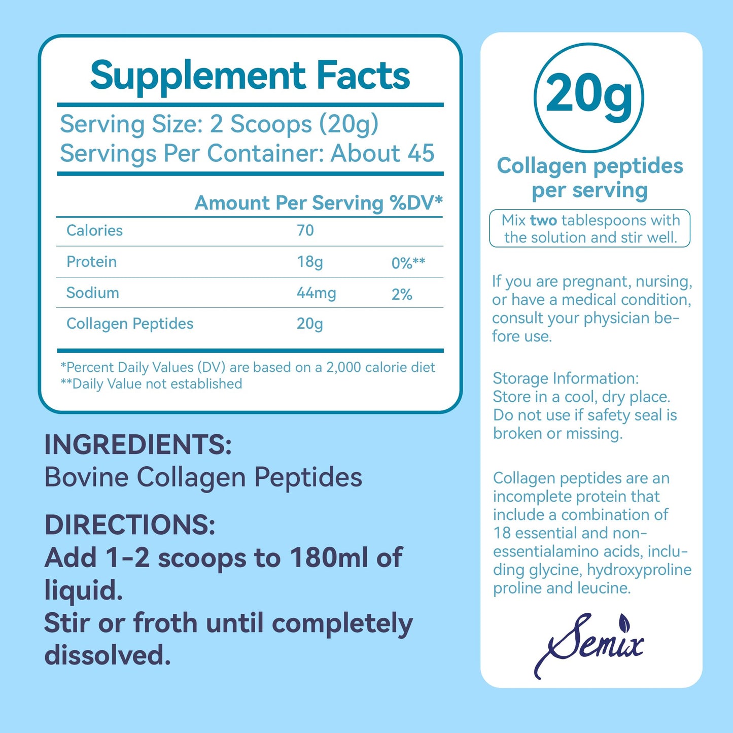 Semix Collagen Peptides Powder, Type I & III Hydrolyzed Bovine Collagen Protein, Unflavored, 16 oz